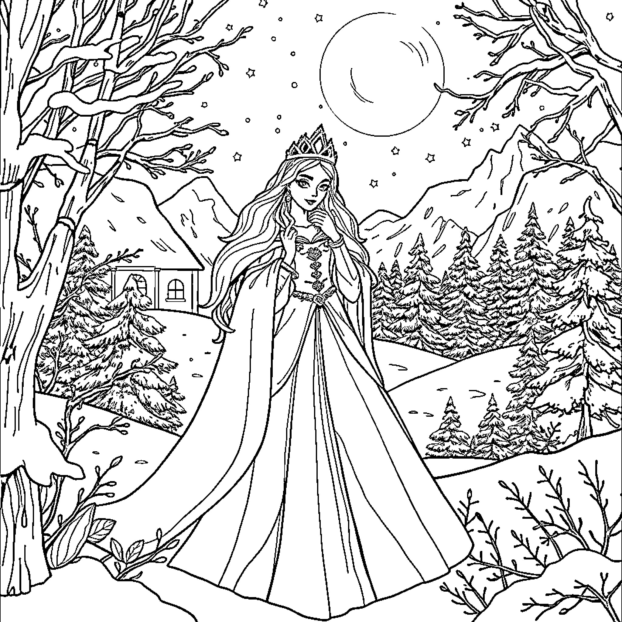 Snow Queen in Enchanting Winter Wonderland Coloring Page (free black-and-white line drawing printable PDF for all, from beginners to advanced learners, including children, teens, adults, and seniors)