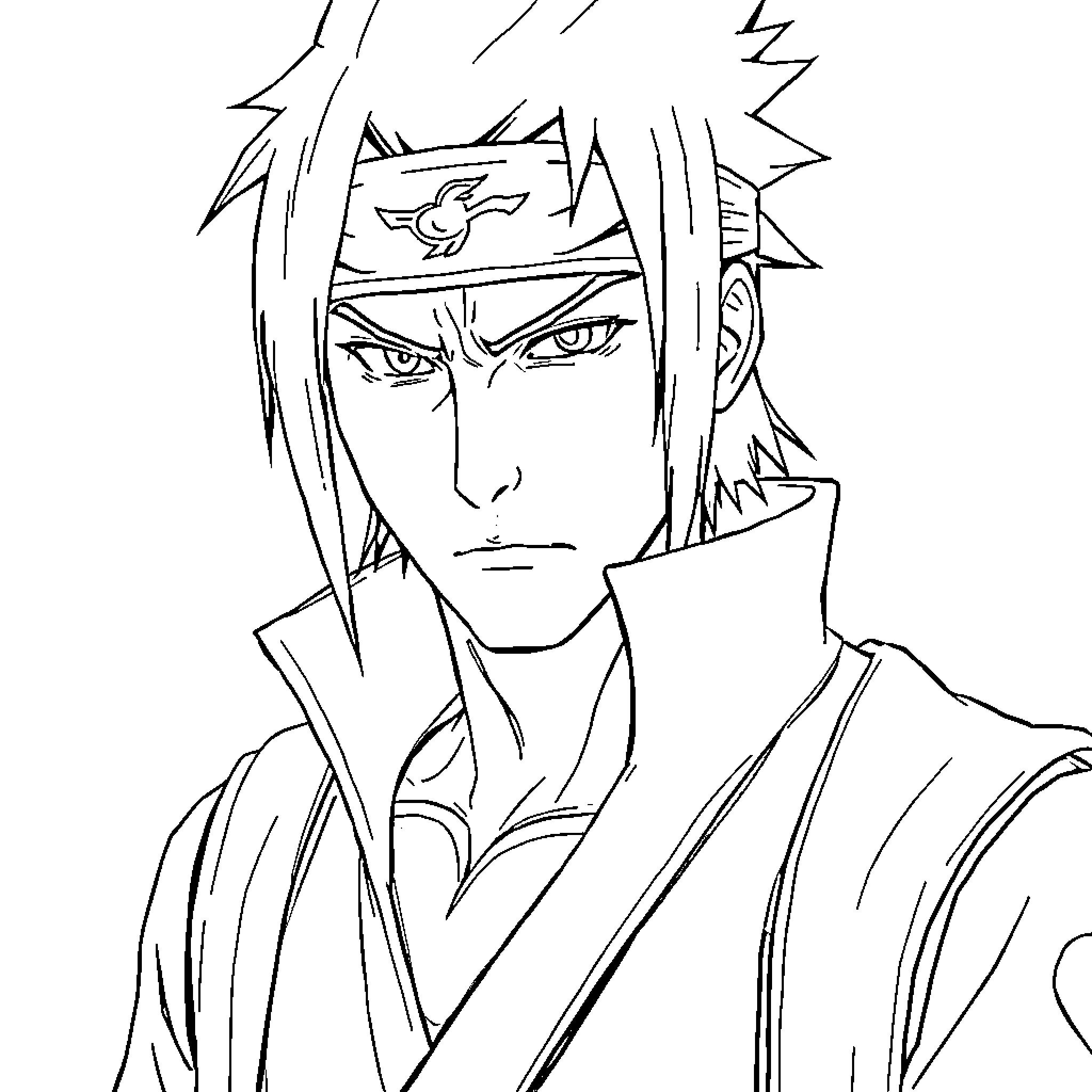 Sasuke's Intense Gaze and Ninja Attire Coloring Page (free black-and-white line drawing printable PDF for all, from beginners to advanced learners, including children, teens, adults, and seniors)
