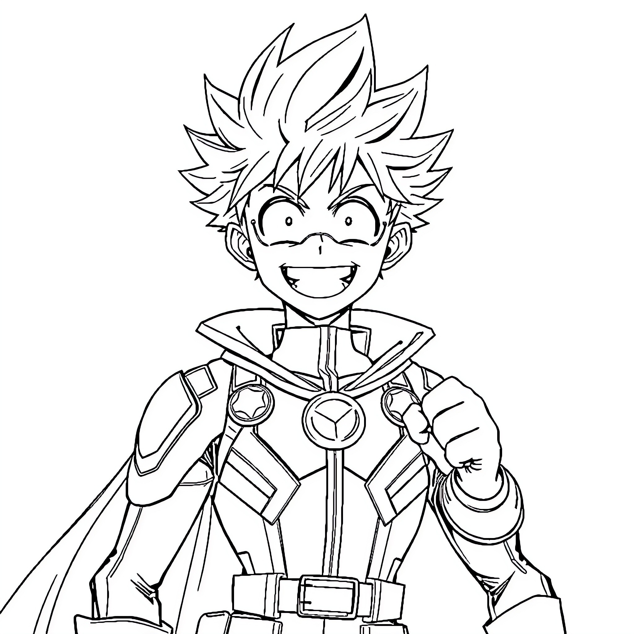 Eijiro Kirishima smiling joyfully in hero costume Coloring Page (free black-and-white line drawing printable PDF for all, from beginners to advanced learners, including children, teens, adults, and seniors)