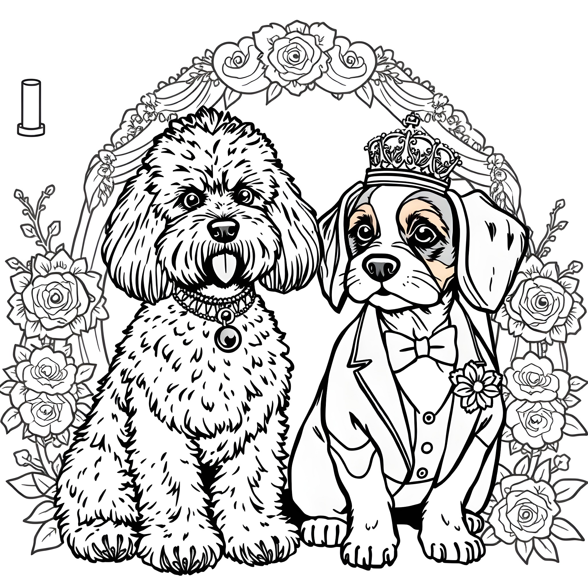 Dogs dressed up in fancy attire surrounded by flowers Coloring Page (free black-and-white line drawing printable PDF for all, from beginners to advanced learners, including children, teens, adults, and seniors)