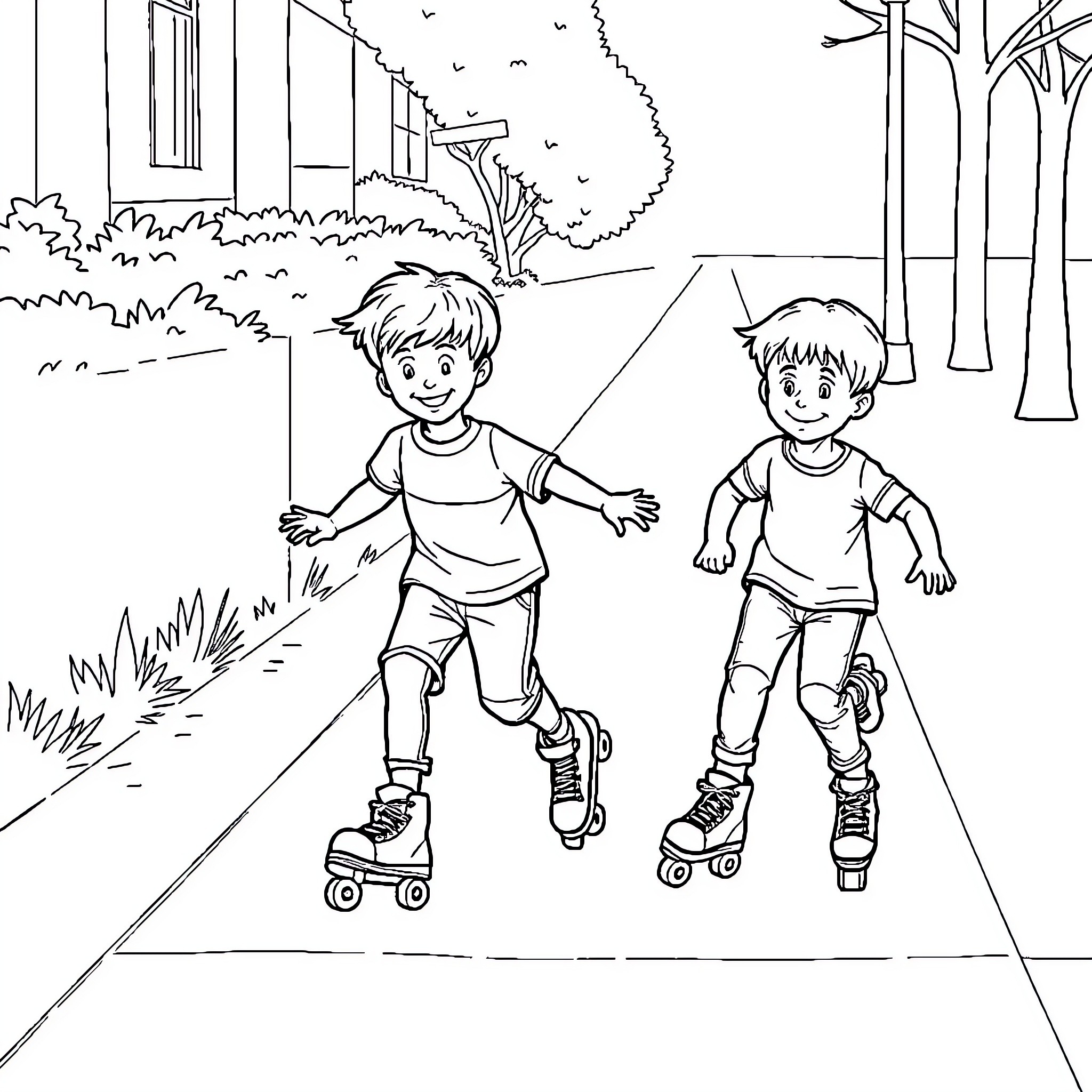 Boys roller skating on a path through the park Coloring Page (free black-and-white line drawing printable PDF for all, from beginners to advanced learners, including children, teens, adults, and seniors)