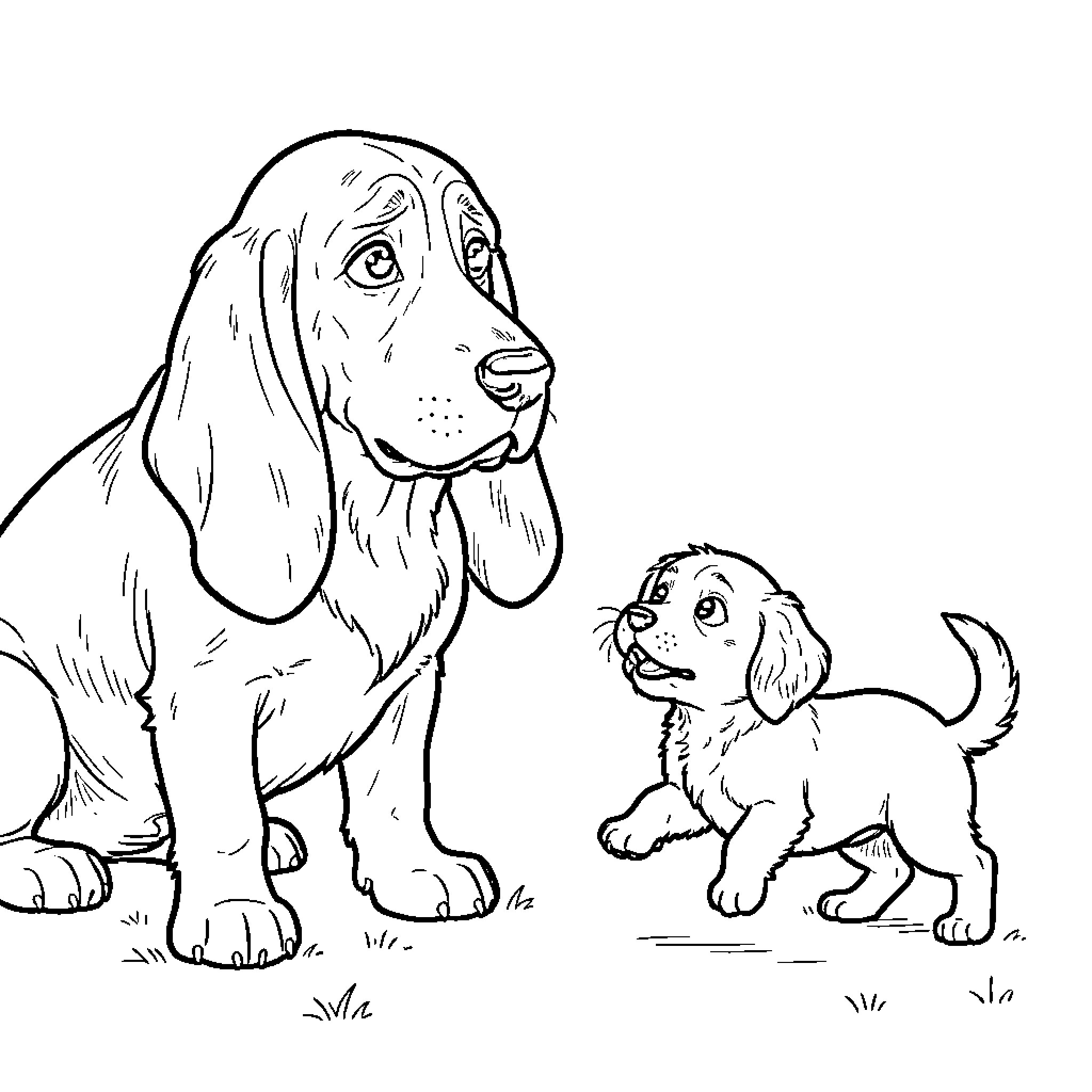 Basset Hound looking curiously at a small puppy Coloring Page (free black-and-white line drawing printable PDF for all, from beginners to advanced learners, including children, teens, adults, and seniors)