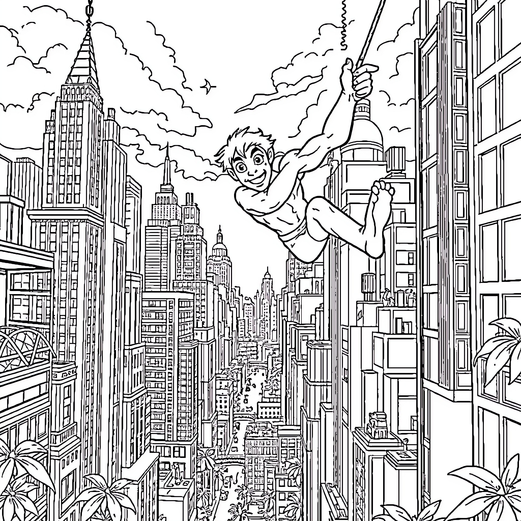 Tarzan swinging through the skyscrapers of New York City Coloring Page (free black-and-white line drawing printable PDF for all, from beginners to advanced learners, including children, teens, adults, and seniors)