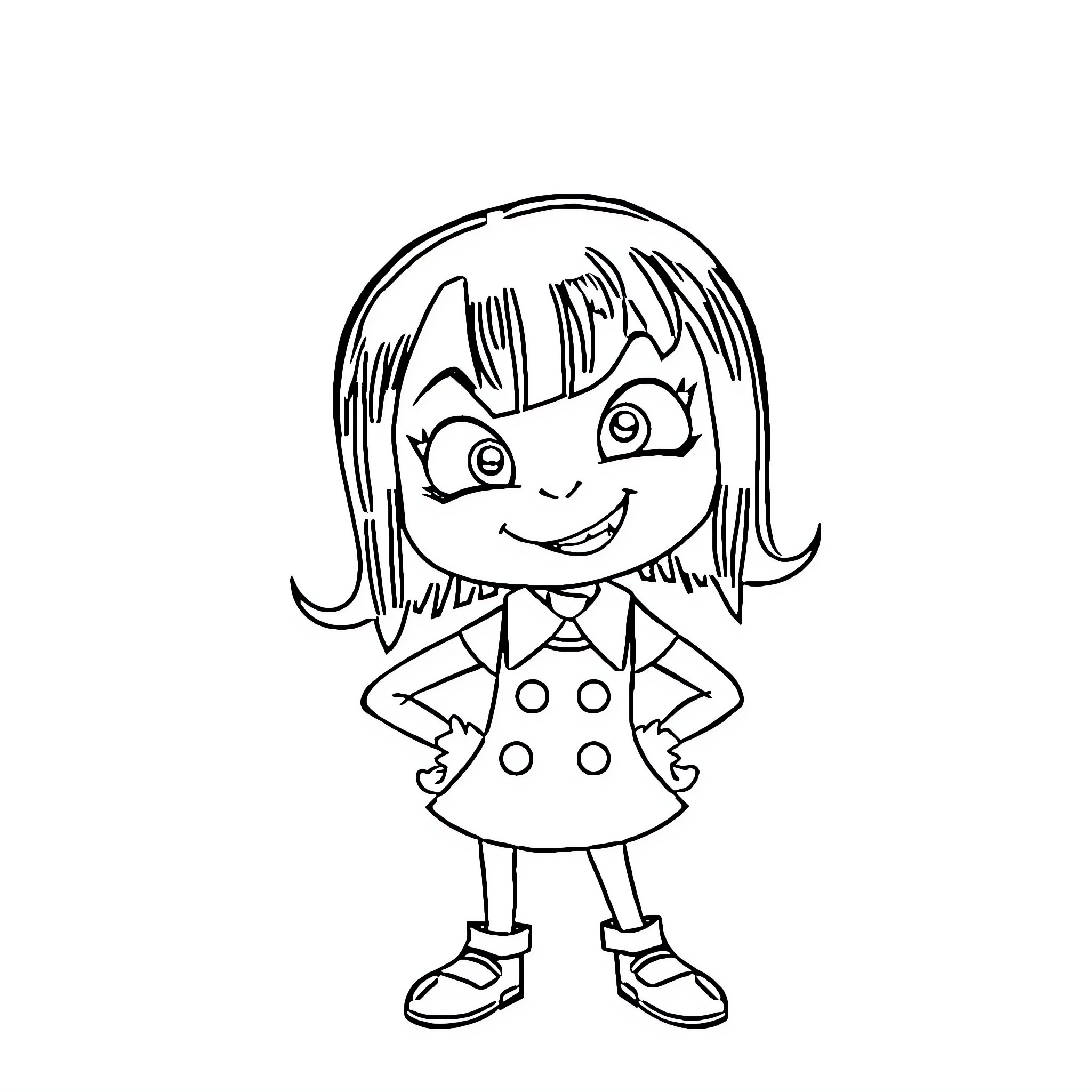 Wednesday girl smiling with polka dot outfit Coloring Page (free black-and-white line drawing printable PDF for all, from beginners to advanced learners, including children, teens, adults, and seniors)