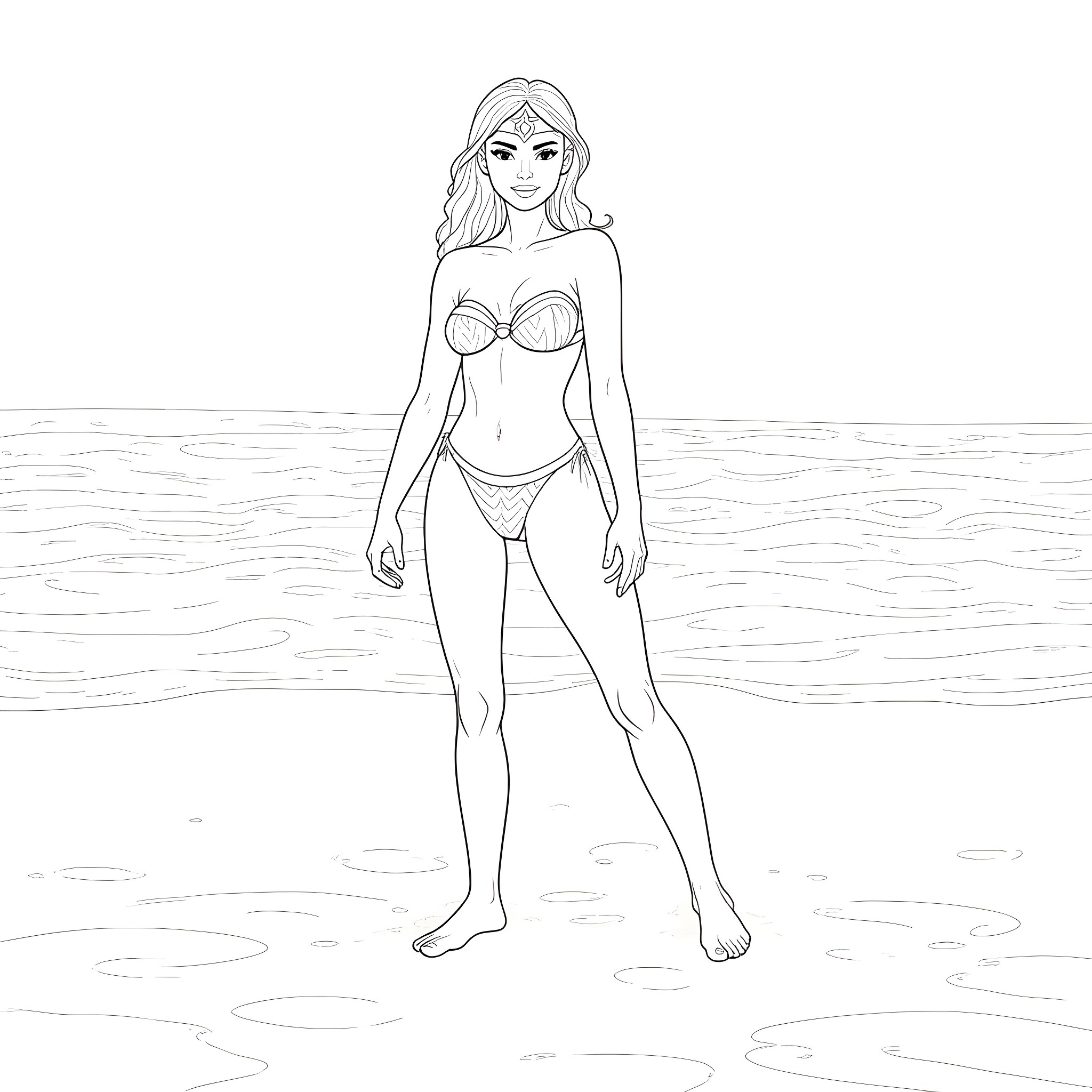 Wonder Woman in Swimsuit Posing on the Beach Coloring Page (free black-and-white line drawing printable PDF for all, from beginners to advanced learners, including children, teens, adults, and seniors)