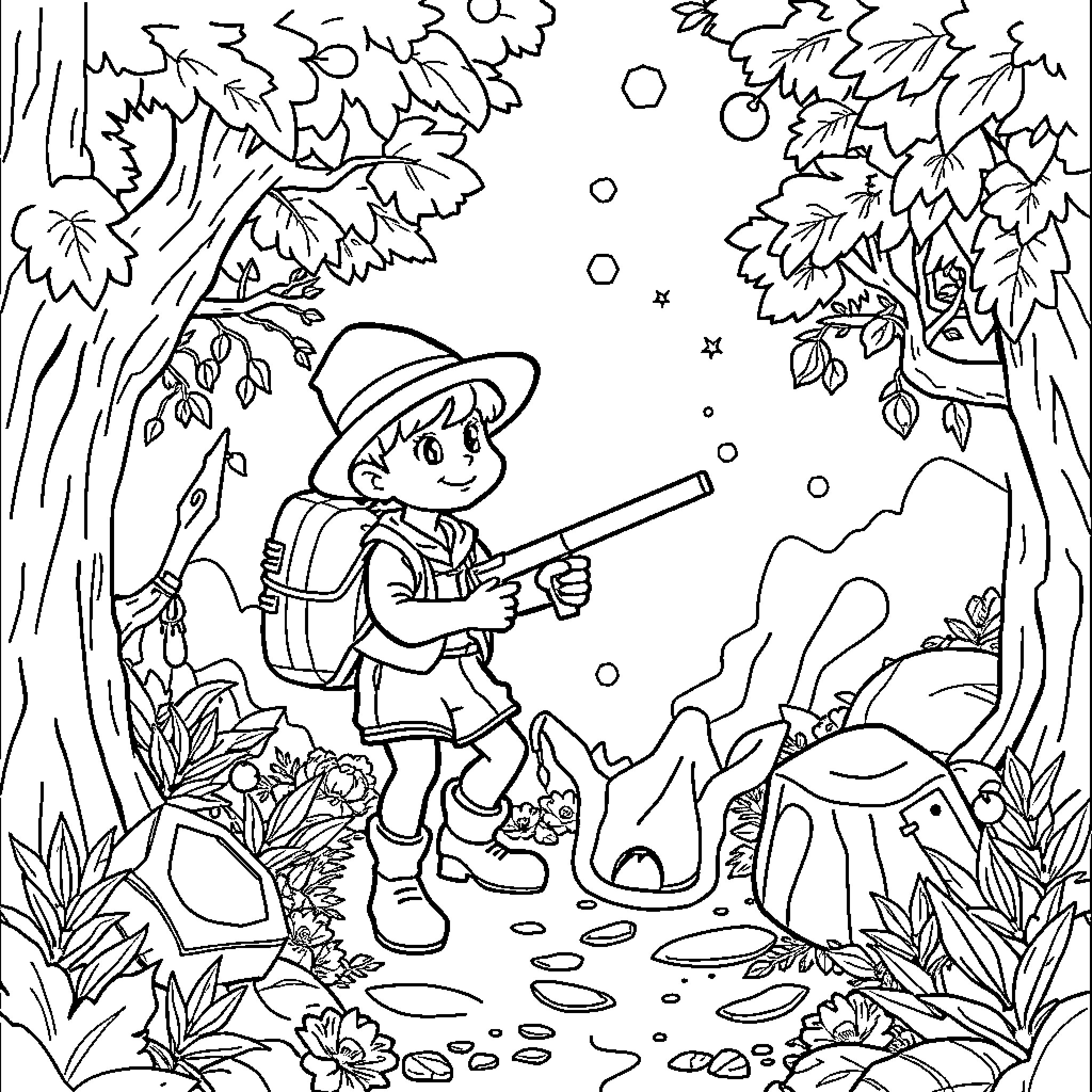 Huntrix exploring the magical forest Coloring Page (free black-and-white line drawing printable PDF for all, from beginners to advanced learners, including children, teens, adults, and seniors)