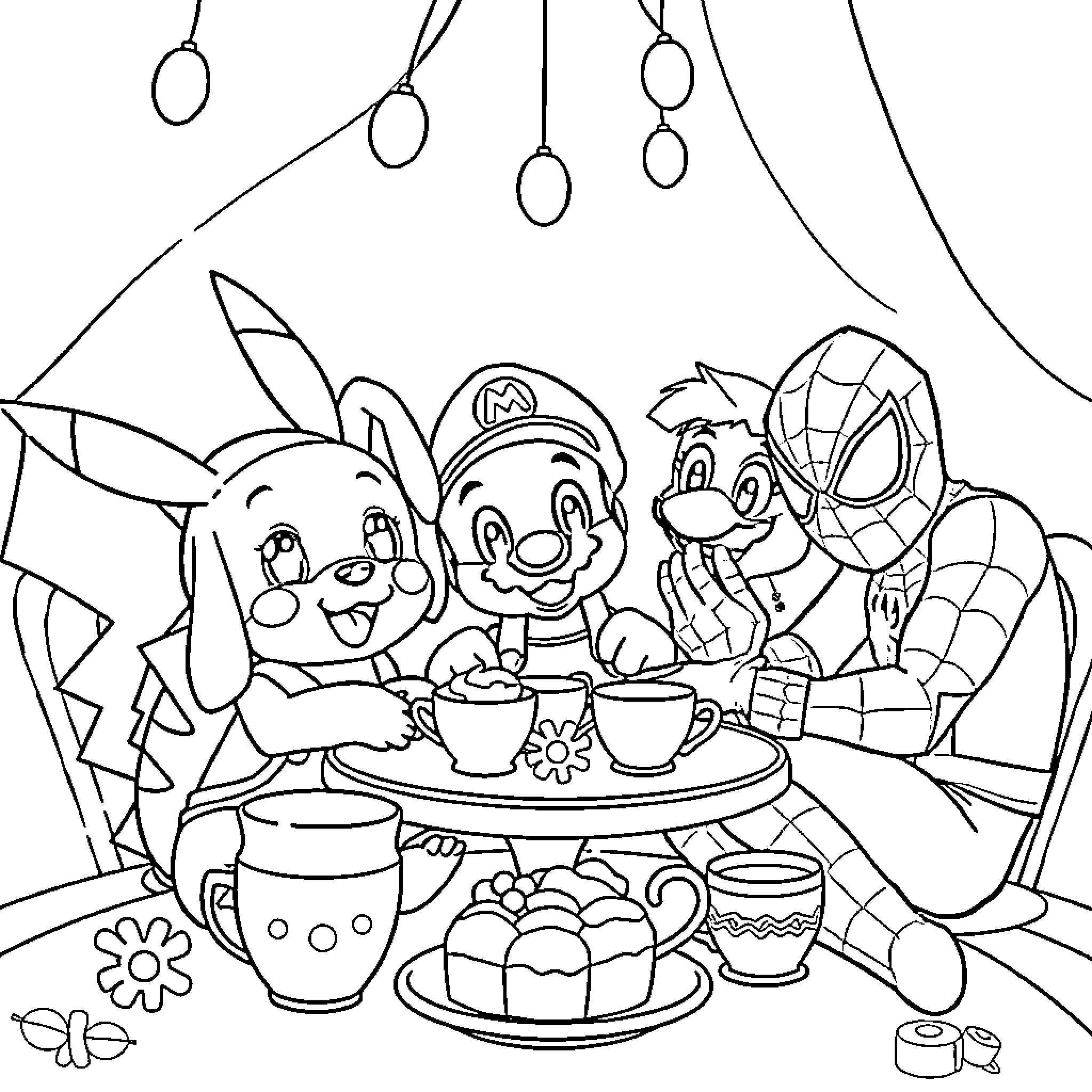 Pikachu and friends having a tea party Coloring Page (free black-and-white line drawing printable PDF for all, from beginners to advanced learners, including children, teens, adults, and seniors)
