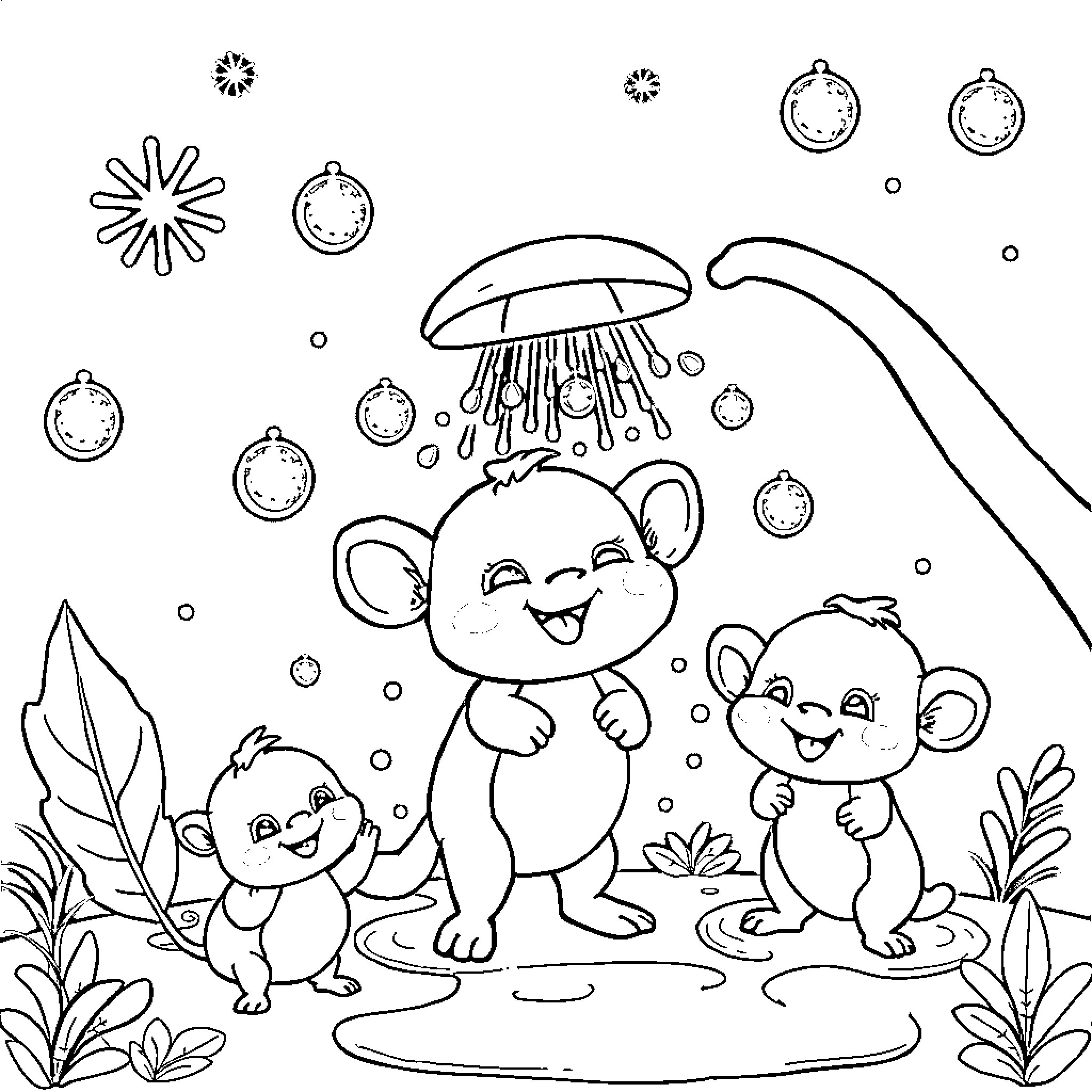 Critter mice playing under a rainy umbrella Coloring Page (free black-and-white line drawing printable PDF for all, from beginners to advanced learners, including children, teens, adults, and seniors)
