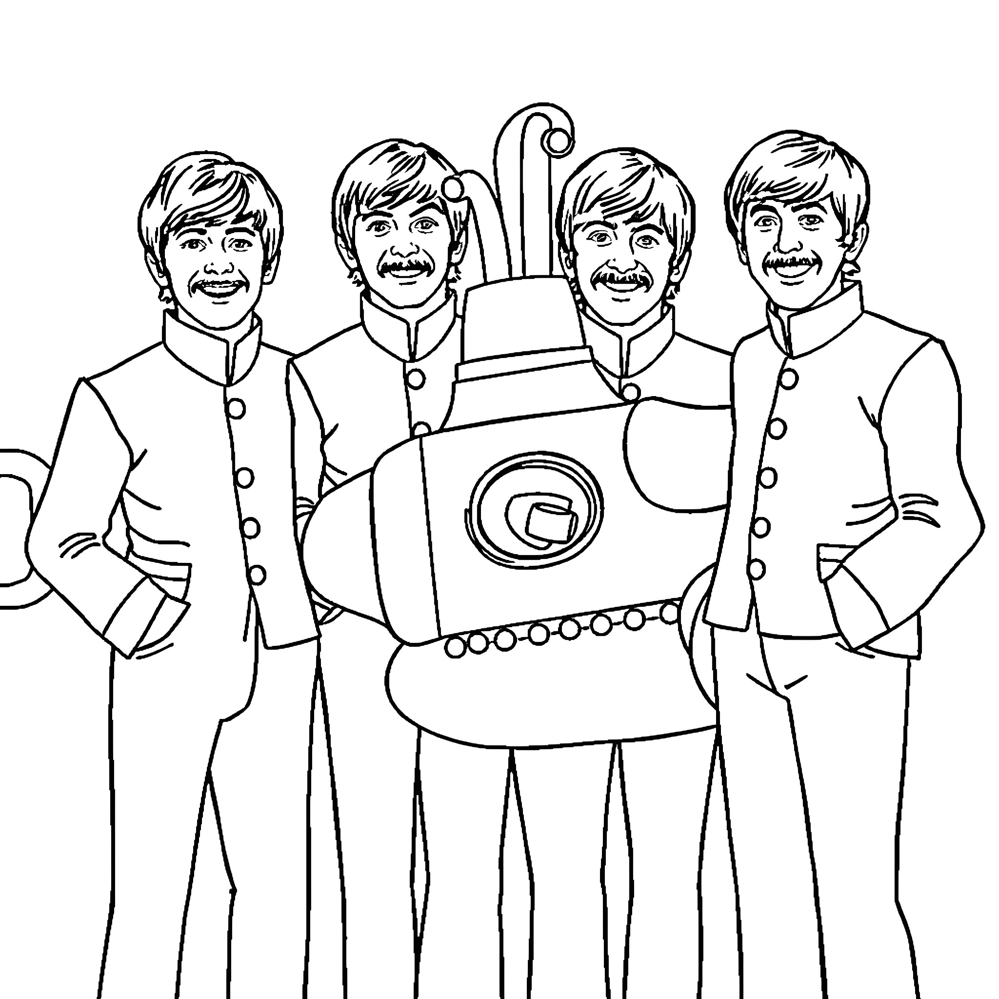 Beatles posing with a musical instrument Coloring Page (free black-and-white line drawing printable PDF for all, from beginners to advanced learners, including children, teens, adults, and seniors)
