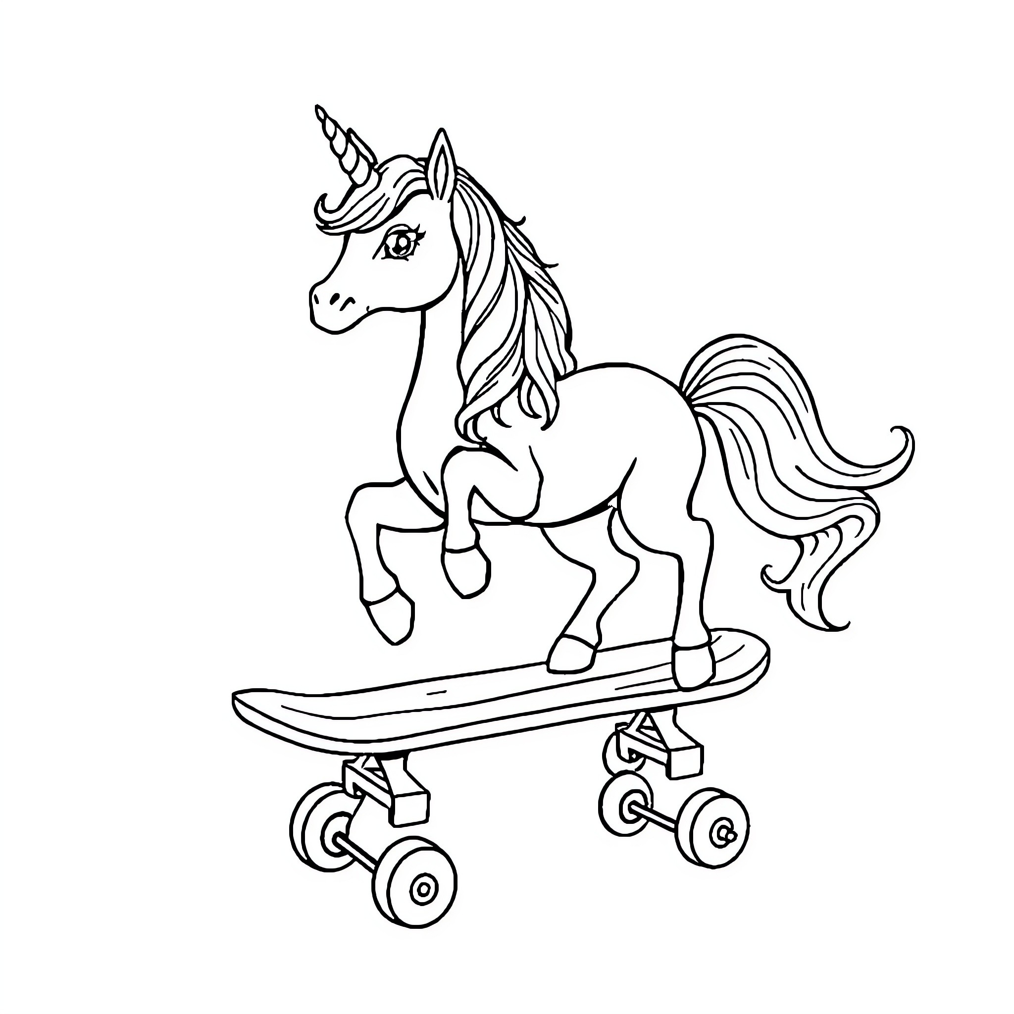 Unicorn riding a skateboard with flair Coloring Page (free black-and-white line drawing printable PDF for all, from beginners to advanced learners, including children, teens, adults, and seniors)