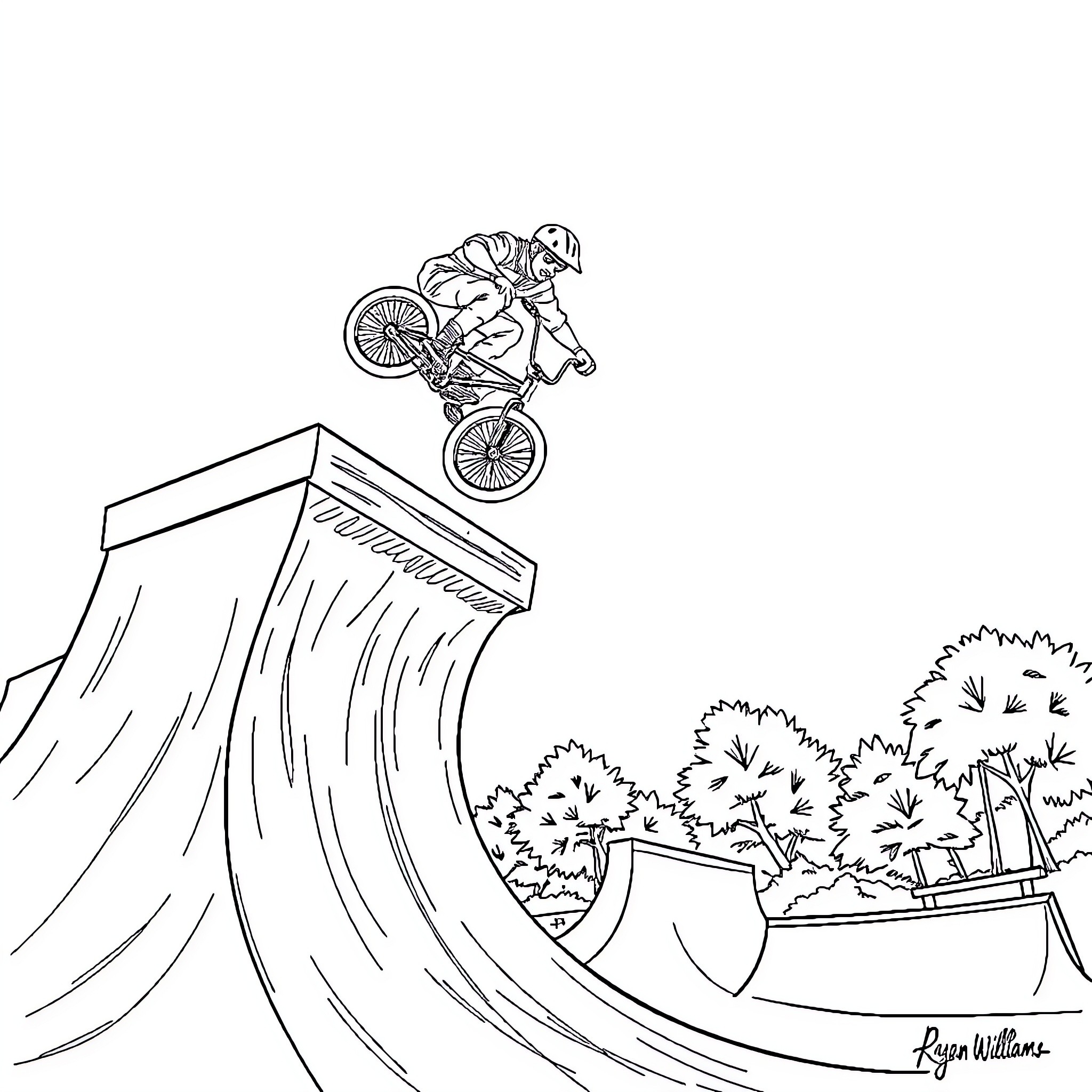BMX rider performing stunt on ramp in park Coloring Page (free black-and-white line drawing printable PDF for all, from beginners to advanced learners, including children, teens, adults, and seniors)