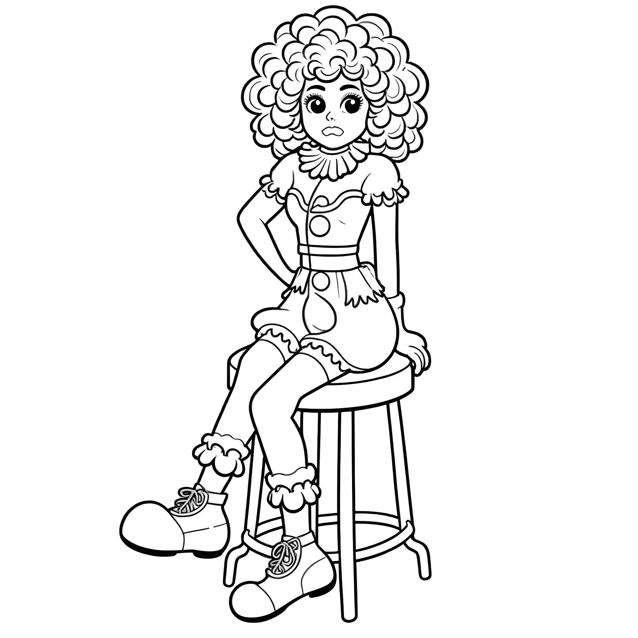 Shania Twain in whimsical costume sitting on stool Coloring Page (free black-and-white line drawing printable PDF for all, from beginners to advanced learners, including children, teens, adults, and seniors)