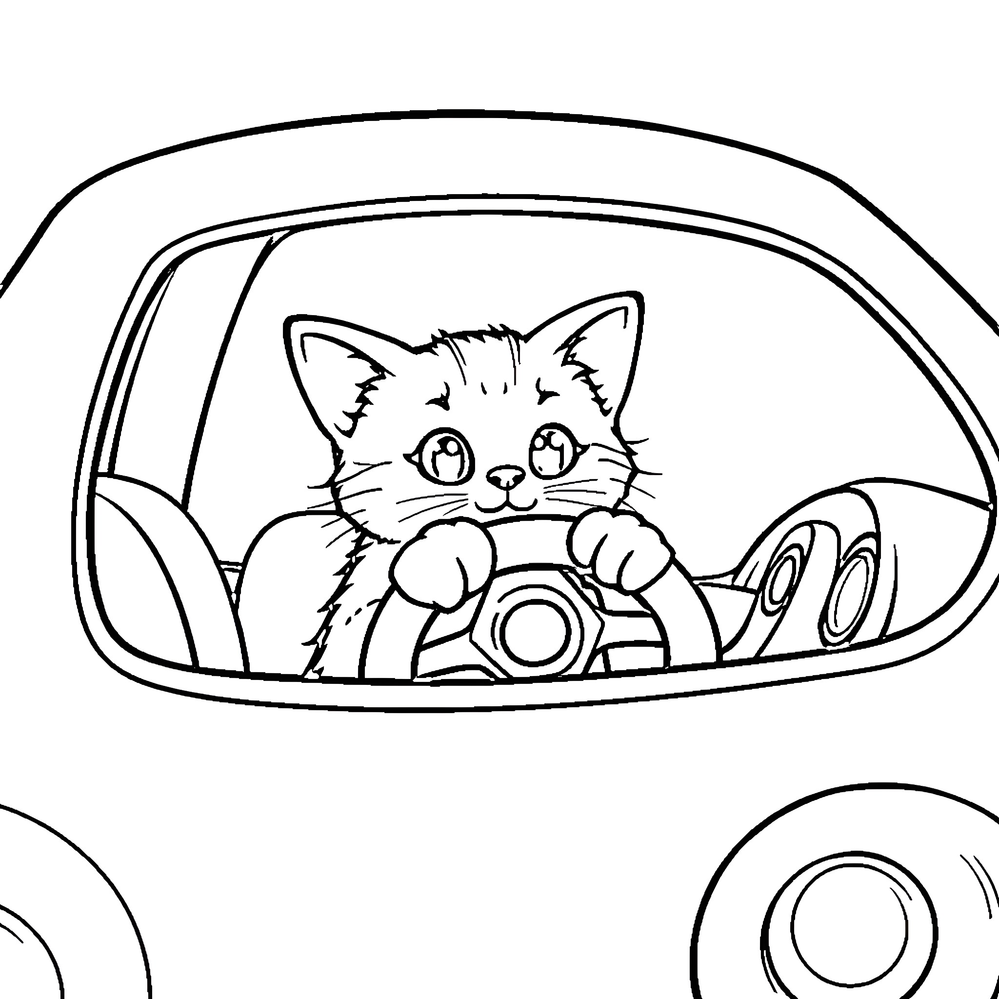 Cat driving a car happily Coloring Page (free black-and-white line drawing printable PDF for all, from beginners to advanced learners, including children, teens, adults, and seniors)