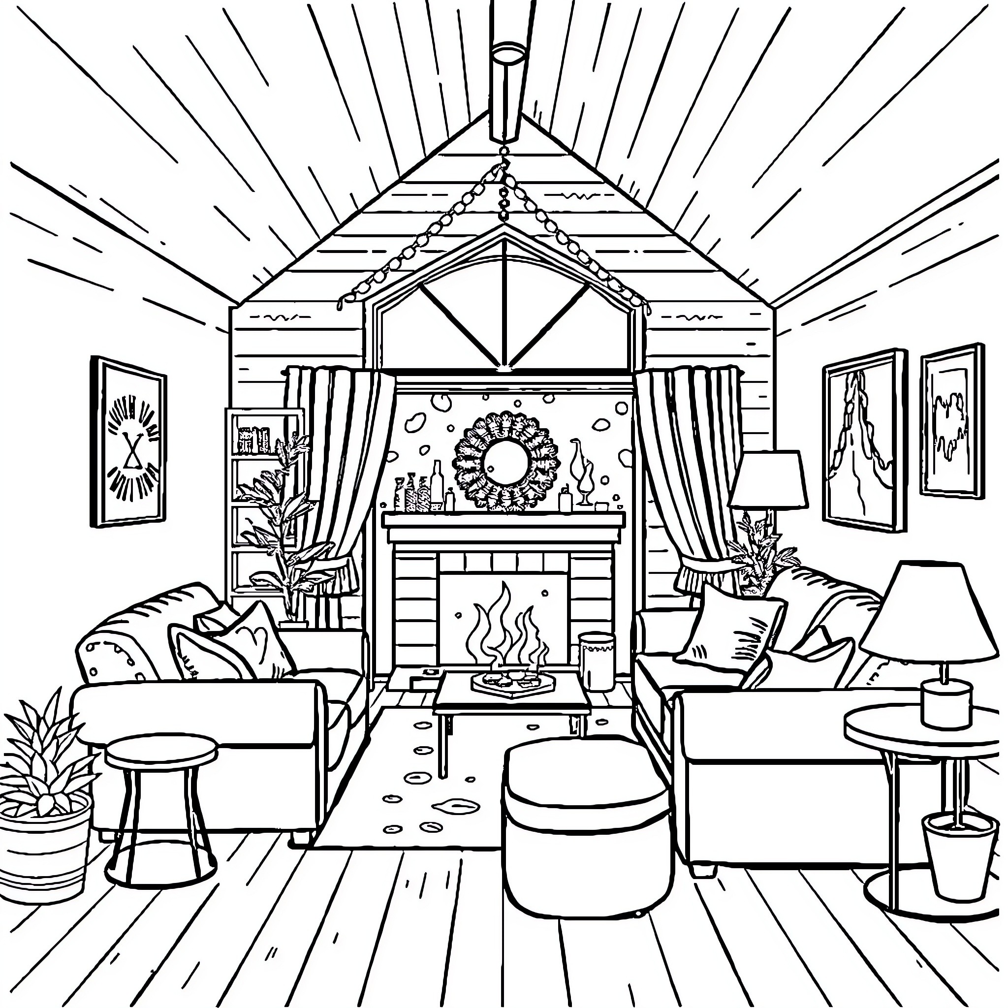 House with cozy interior and fireplace decor Coloring Page (free black-and-white line drawing printable PDF for all, from beginners to advanced learners, including children, teens, adults, and seniors)