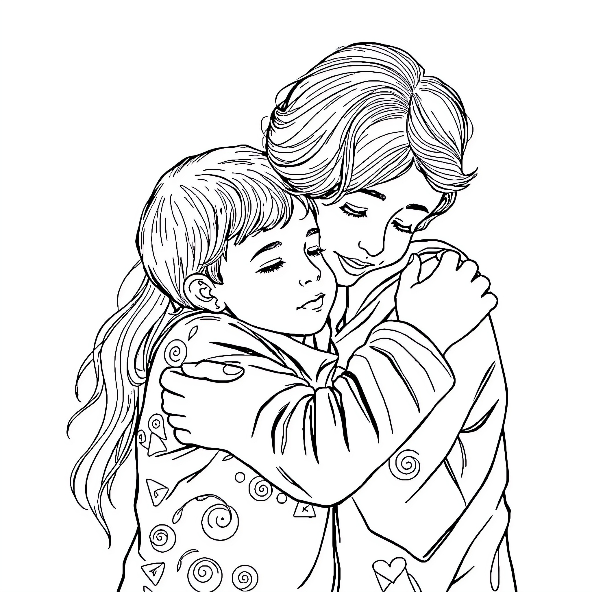 Mother Comforting Child in Embrace Coloring Page (free black-and-white line drawing printable PDF for all, from beginners to advanced learners, including children, teens, adults, and seniors)