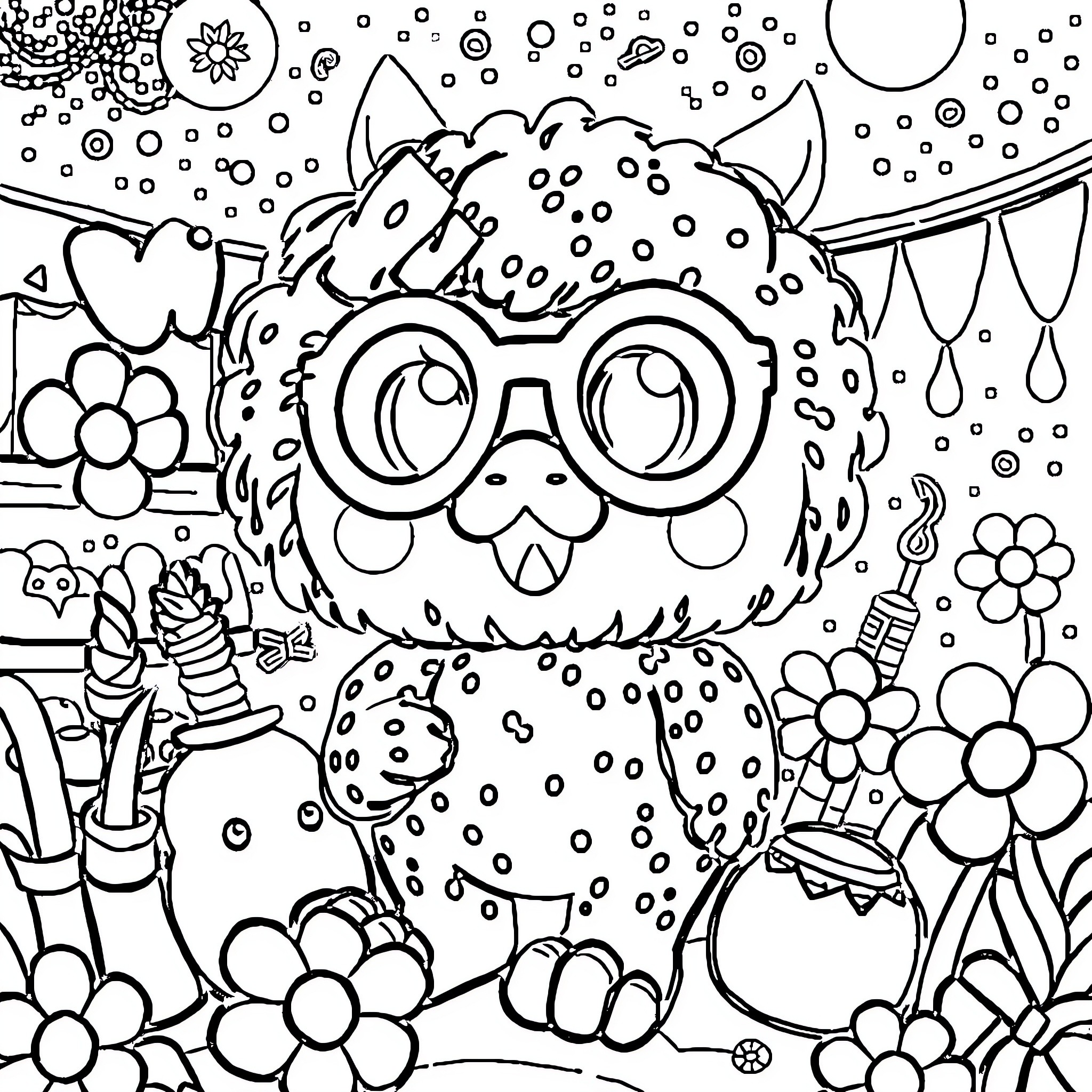 Labubu's Colorful Celebration Coloring Page (free black-and-white line drawing printable PDF for all, from beginners to advanced learners, including children, teens, adults, and seniors)