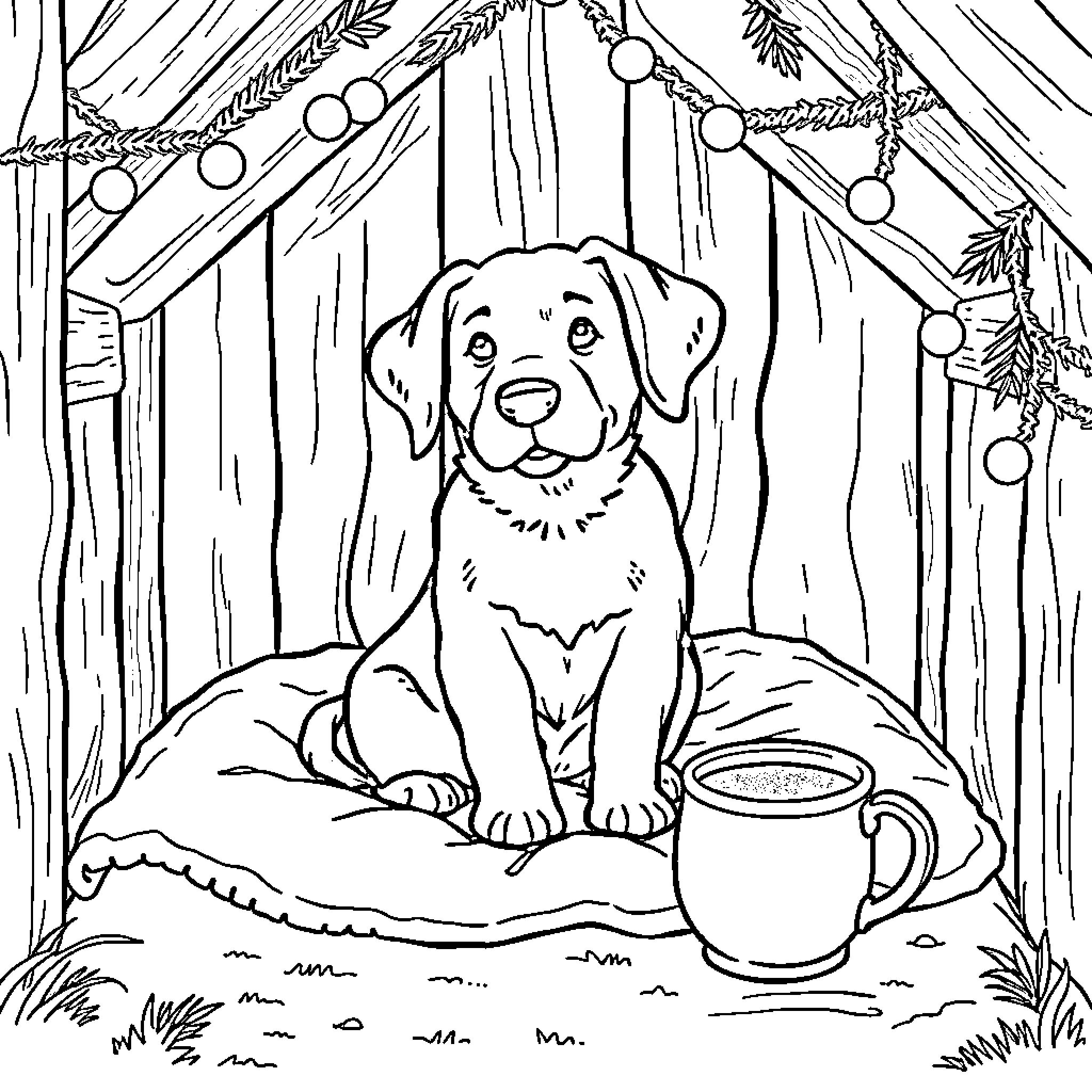 Dog sitting in cozy cabin with holiday decorations Coloring Page (free black-and-white line drawing printable PDF for all, from beginners to advanced learners, including children, teens, adults, and seniors)