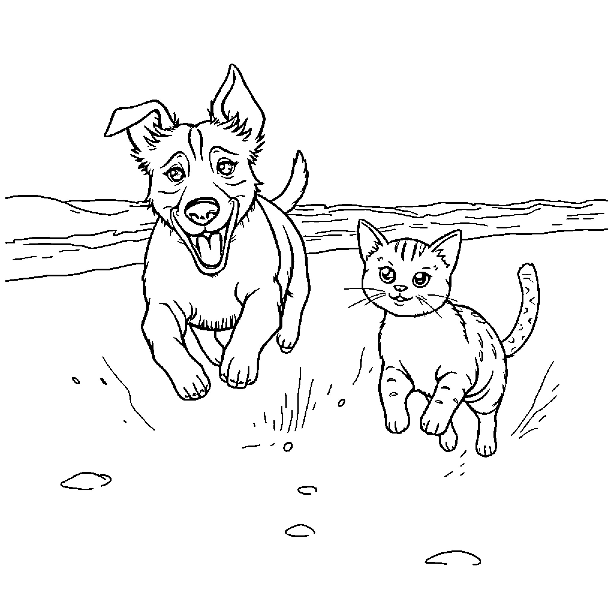 Dog and Cat Enjoying the Outdoors Coloring Page (free black-and-white line drawing printable PDF for all, from beginners to advanced learners, including children, teens, adults, and seniors)