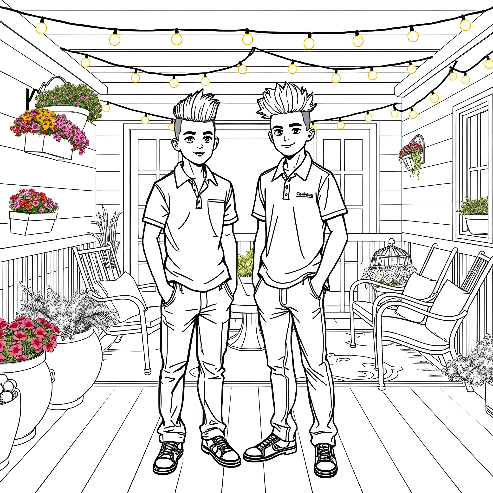 Teen Guys Enjoying Outdoor Patio with Festive Lights Coloring Page (free black-and-white line drawing printable PDF for all, from beginners to advanced learners, including children, teens, adults, and seniors)
