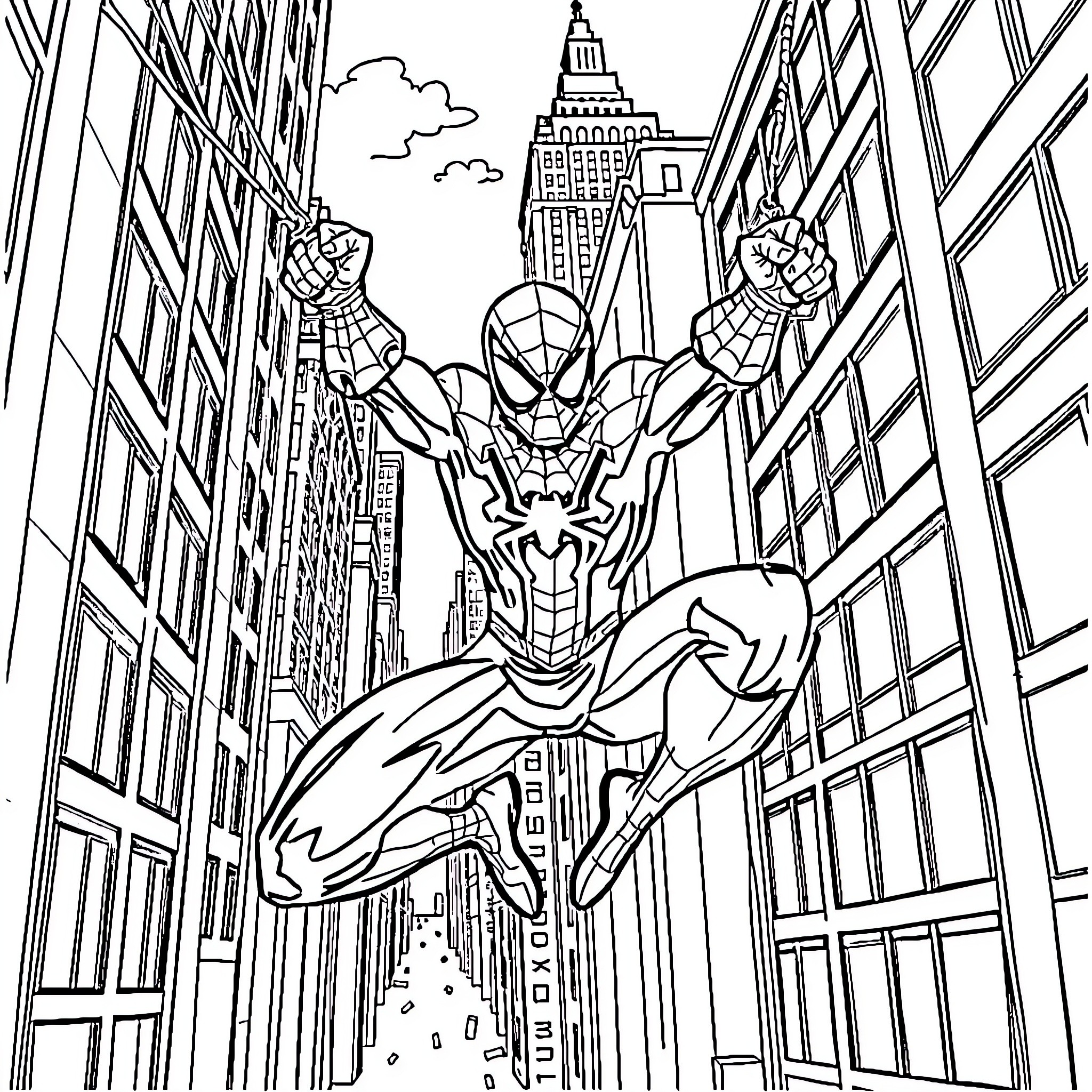 Spiderman swinging through the city streets Coloring Page (free black-and-white line drawing printable PDF for all, from beginners to advanced learners, including children, teens, adults, and seniors)