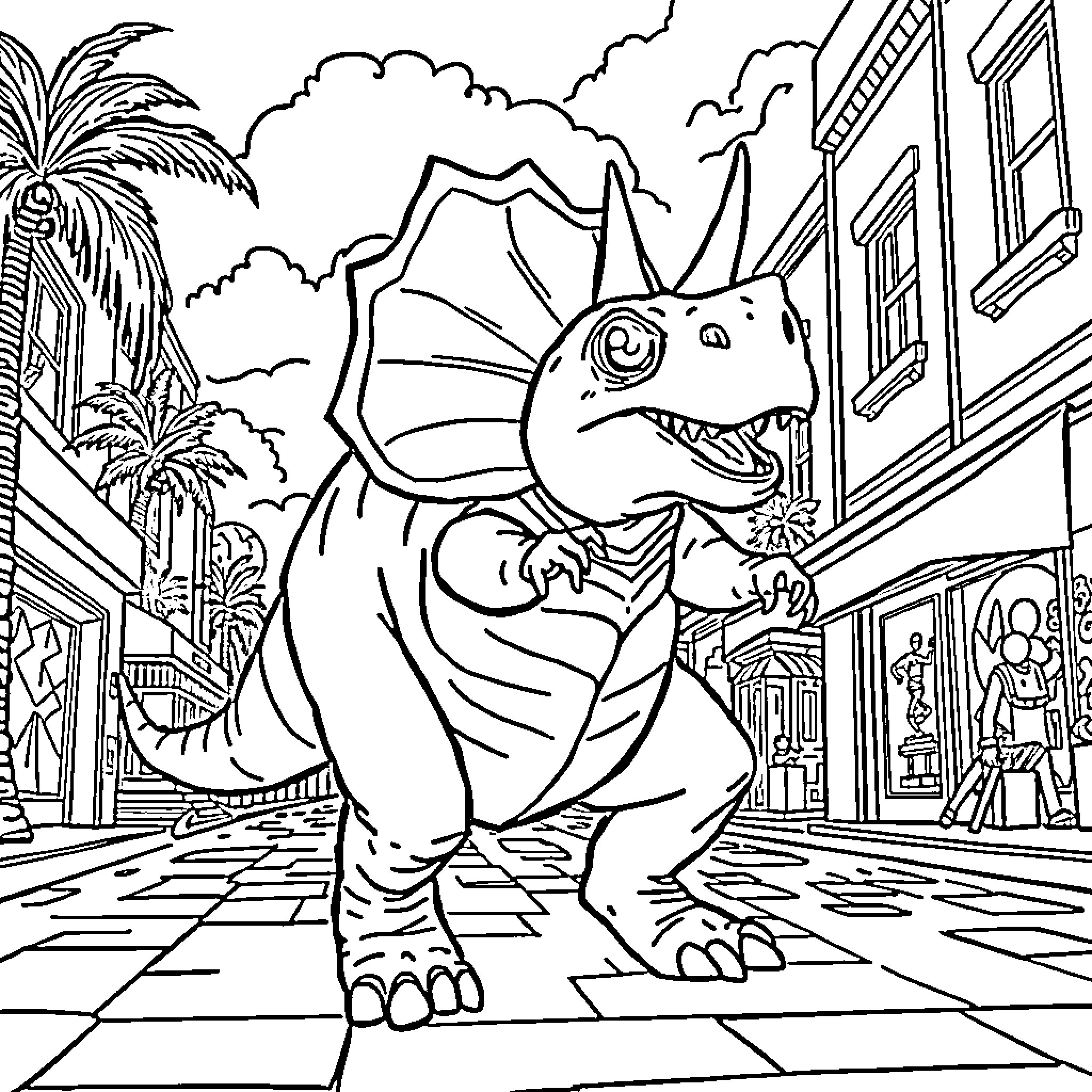 Triceratops exploring the city streets Coloring Page (free black-and-white line drawing printable PDF for all, from beginners to advanced learners, including children, teens, adults, and seniors)