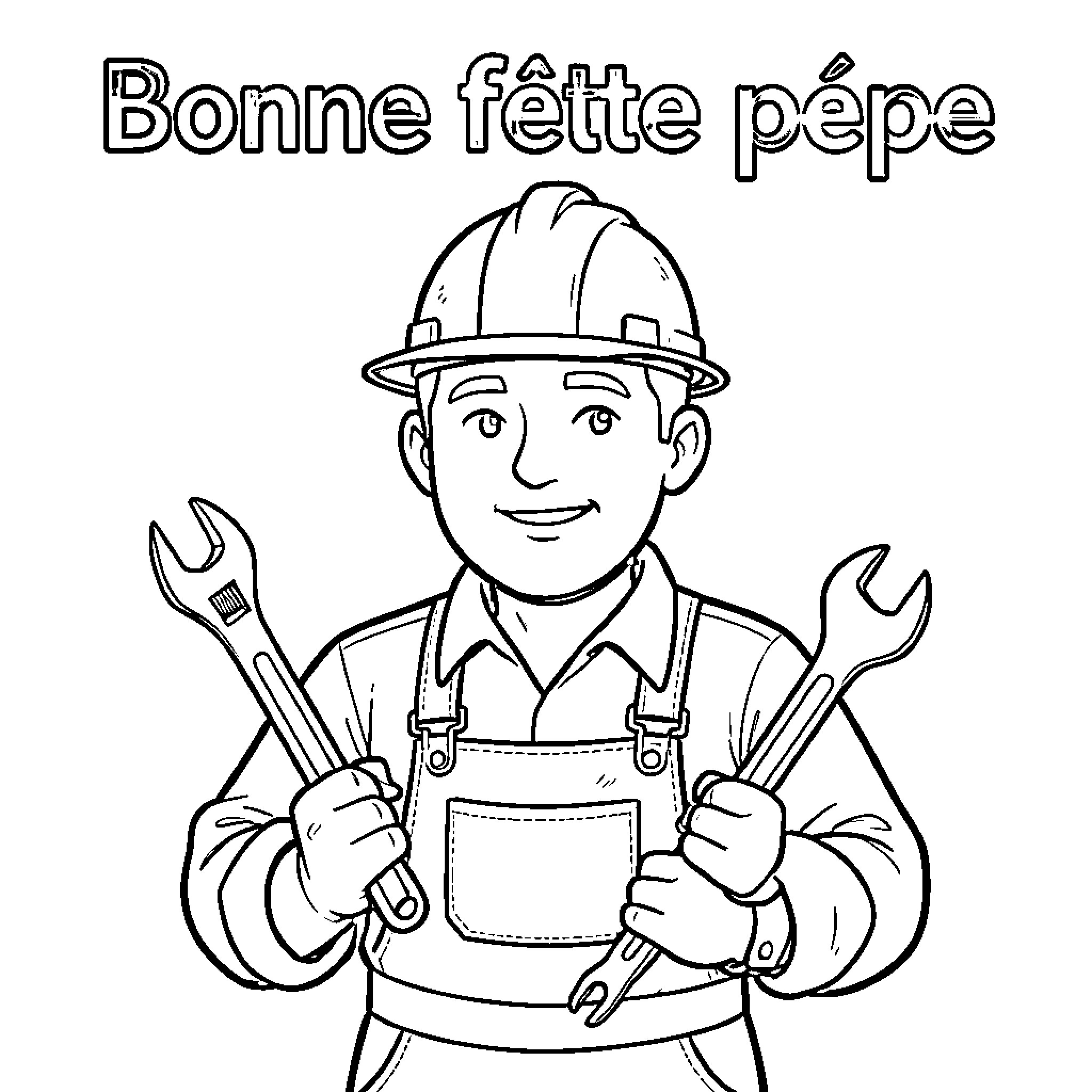 Bricoleur smiling while holding two large wrenches Coloring Page (free black-and-white line drawing printable PDF for all, from beginners to advanced learners, including children, teens, adults, and seniors)