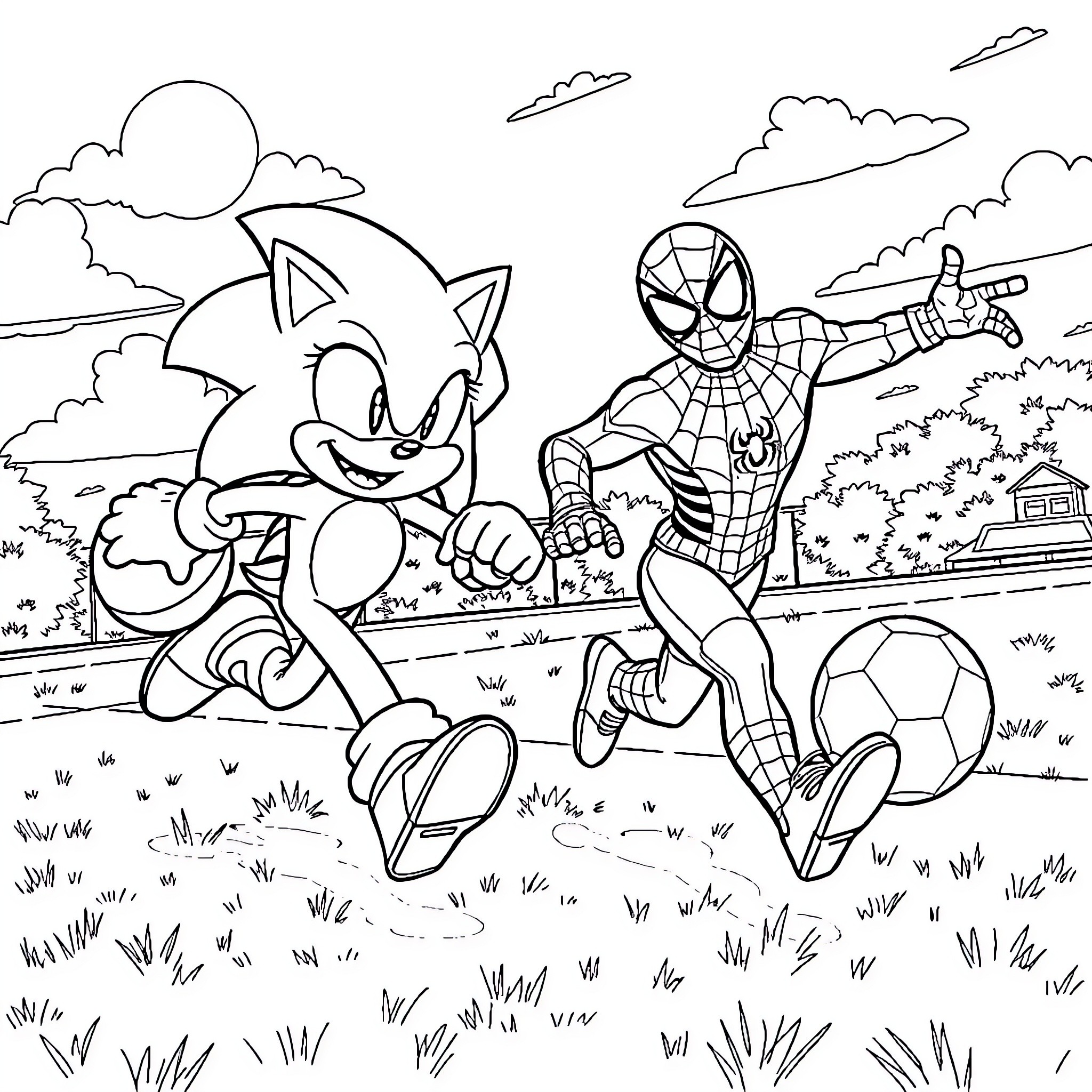 Sonic and Spider-Man playing in the park Coloring Page (free black-and-white line drawing printable PDF for all, from beginners to advanced learners, including children, teens, adults, and seniors)