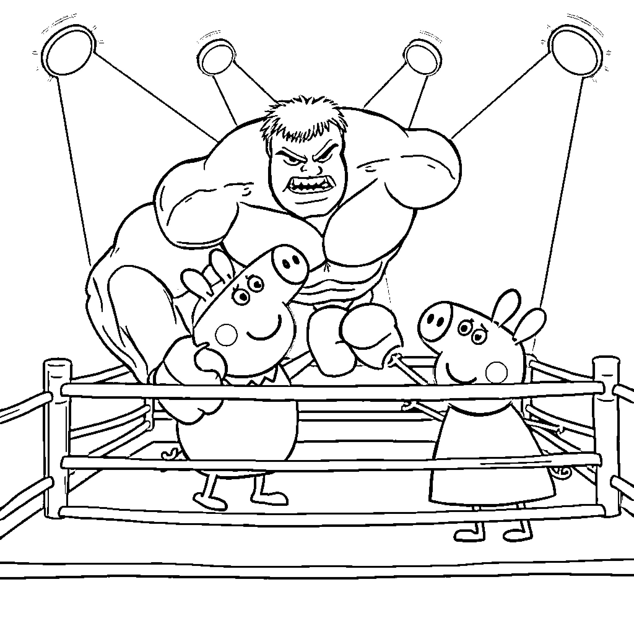 Hulk Dominates Wrestling Match with Smaller Opponents Coloring Page (free black-and-white line drawing printable PDF for all, from beginners to advanced learners, including children, teens, adults, and seniors)