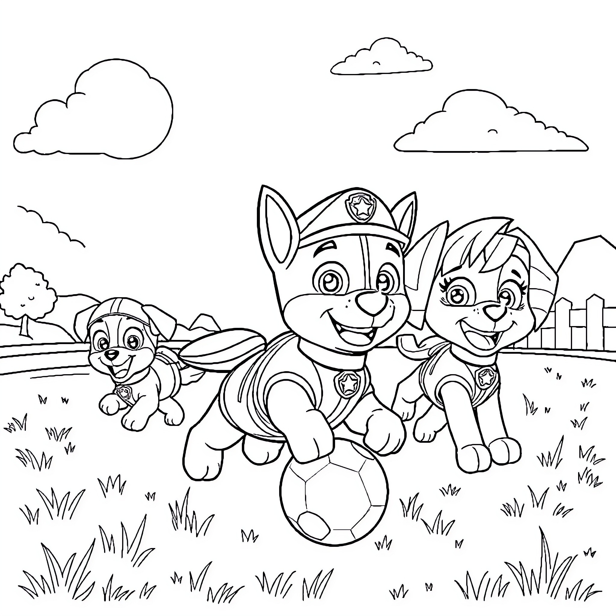 Paw Patrol puppies playing with a soccer ball Coloring Page (free black-and-white line drawing printable PDF for all, from beginners to advanced learners, including children, teens, adults, and seniors)