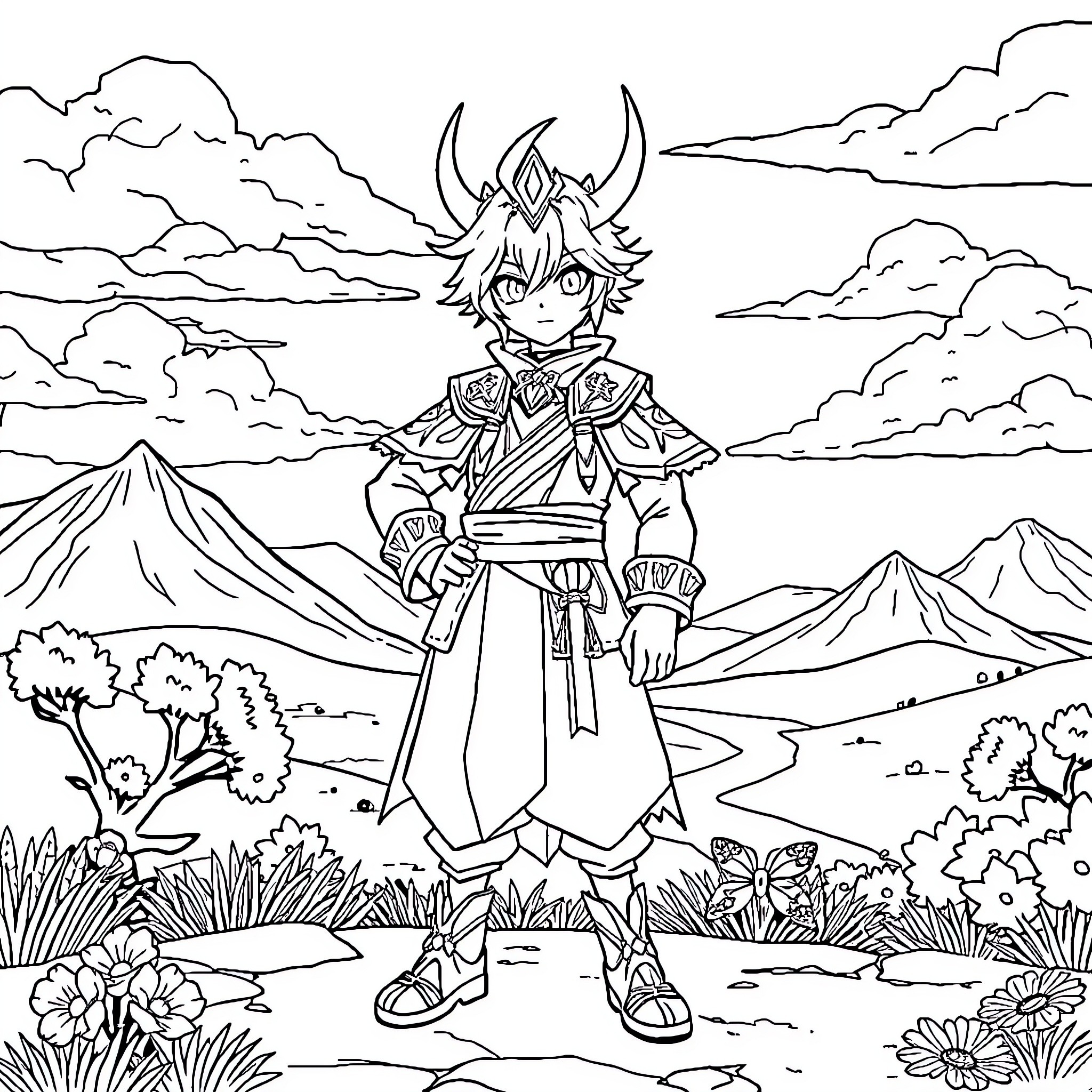 Kinich's Heroic Stance in the Enchanting Landscape Coloring Page (free black-and-white line drawing printable PDF for all, from beginners to advanced learners, including children, teens, adults, and seniors)