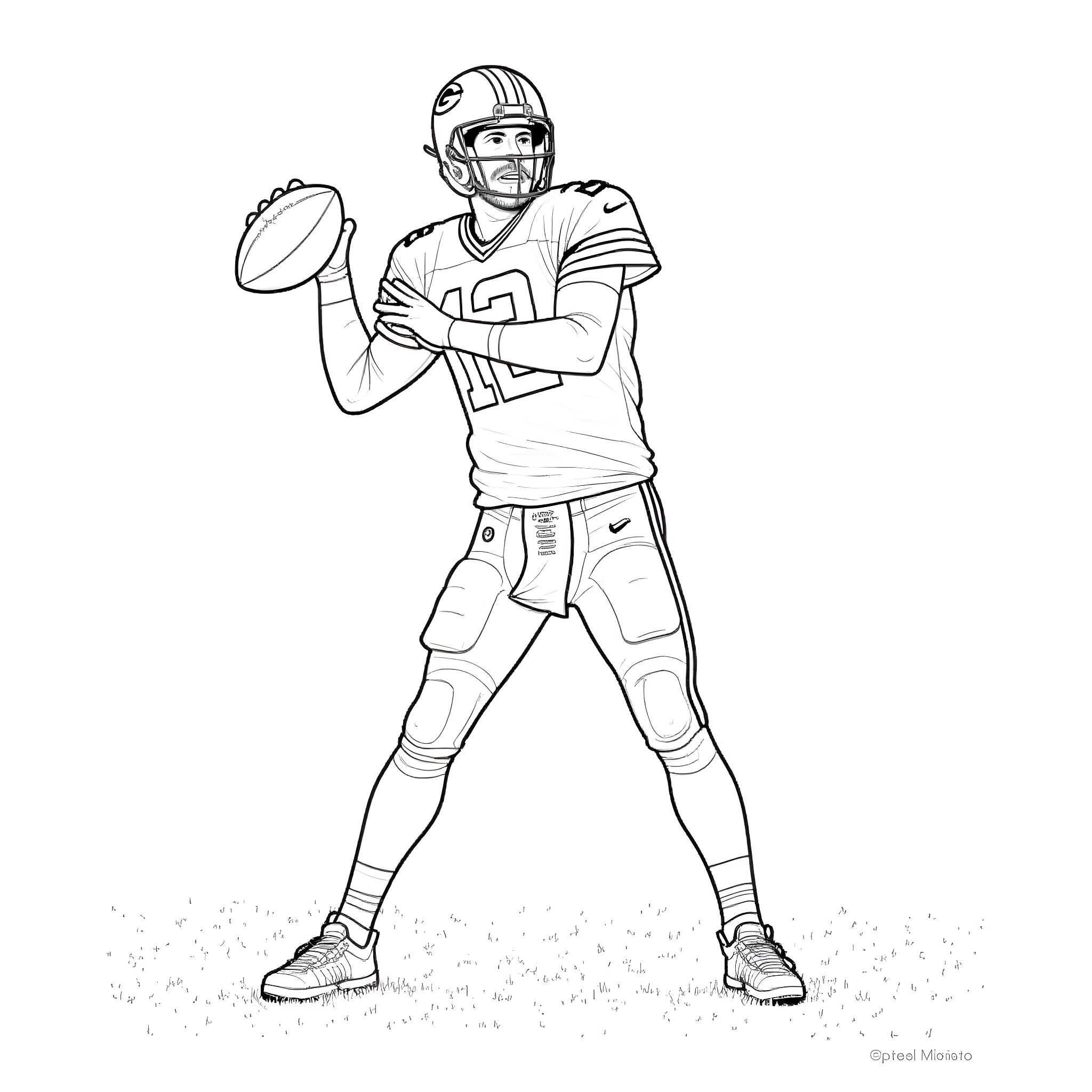Aaron Rodgers preparing to pass the football Coloring Page (free black-and-white line drawing printable PDF for all, from beginners to advanced learners, including children, teens, adults, and seniors)