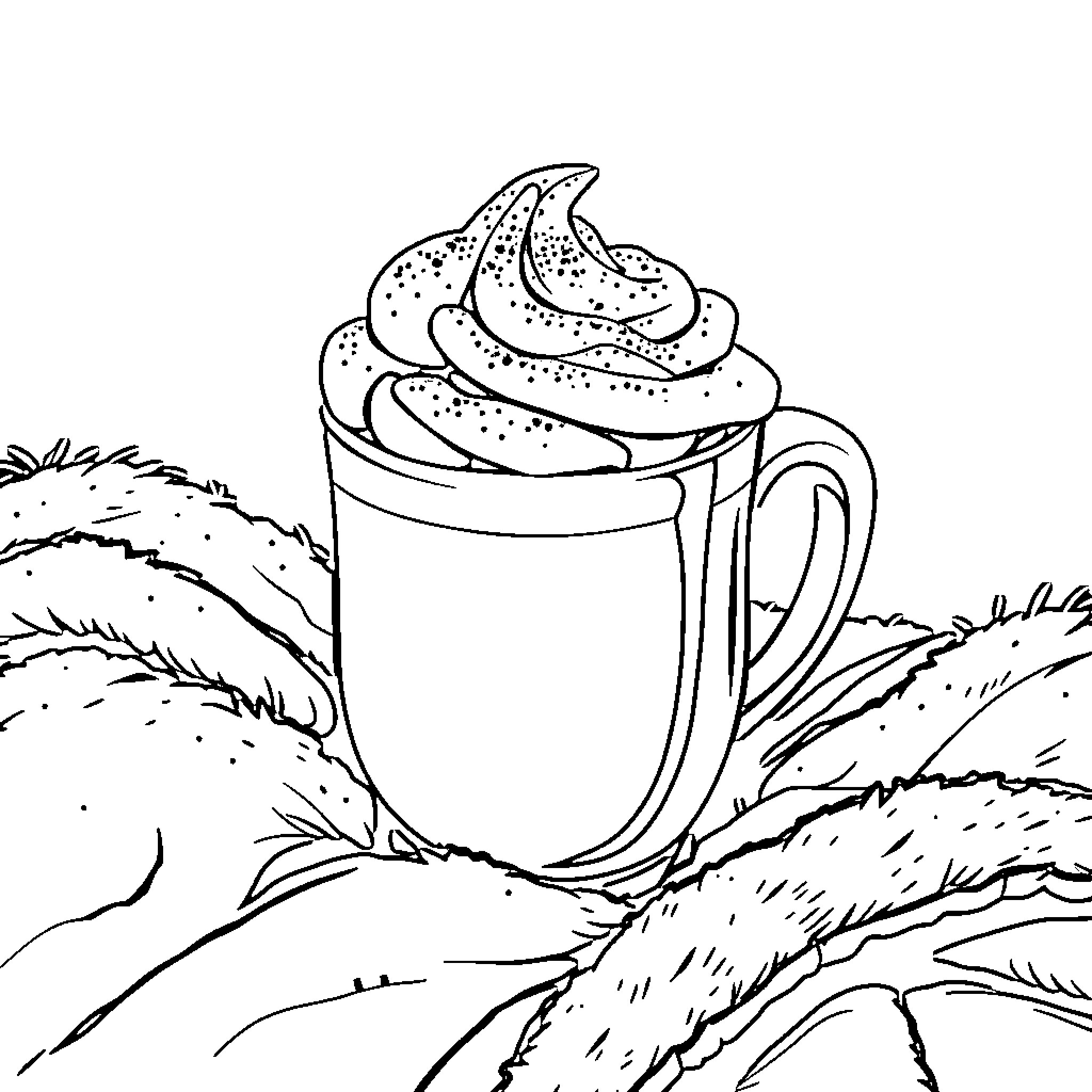 Mug with creamy drink in serene nature Coloring Page (free black-and-white line drawing printable PDF for all, from beginners to advanced learners, including children, teens, adults, and seniors)