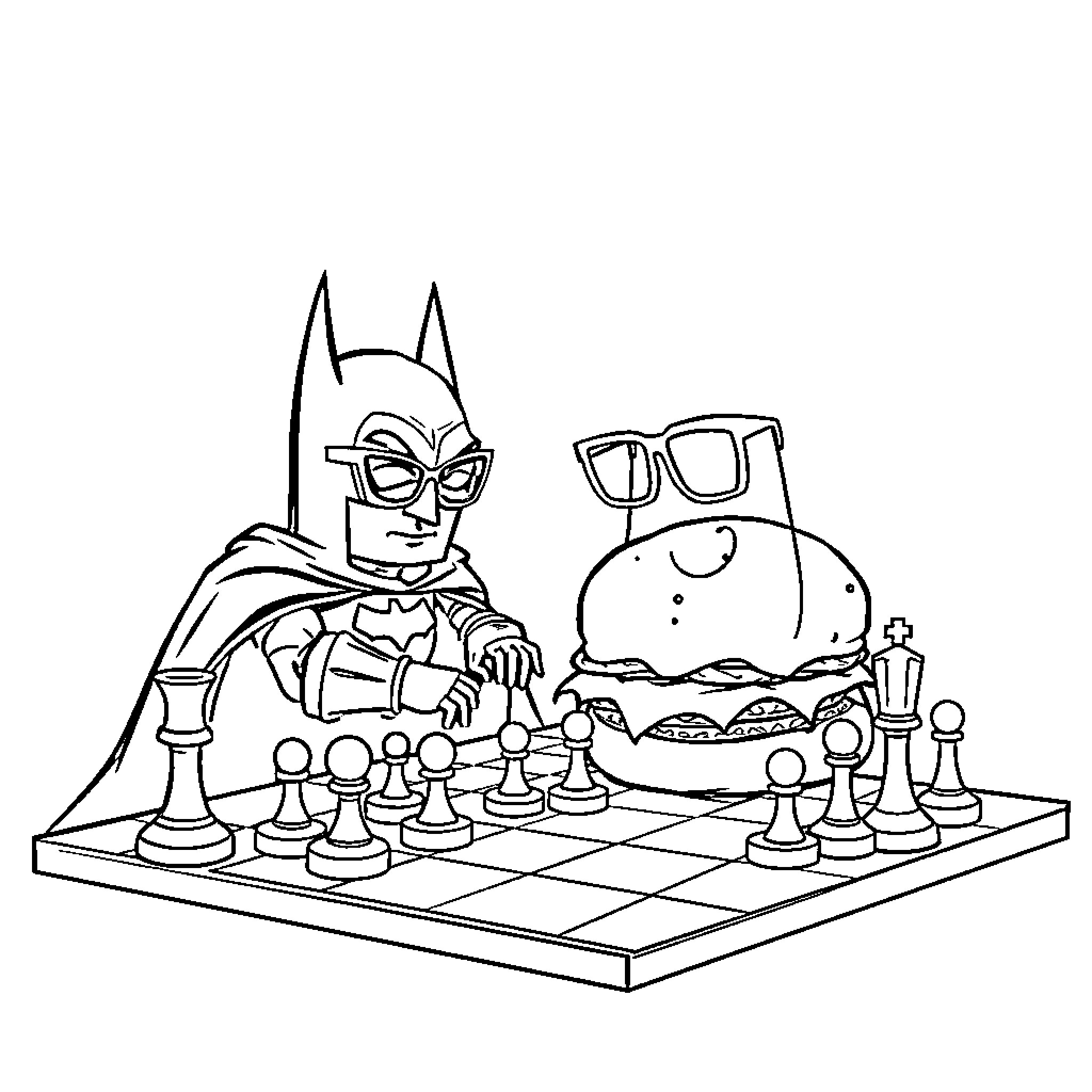 Cheeseburger and Batman play chess in the park Coloring Page (free black-and-white line drawing printable PDF for all, from beginners to advanced learners, including children, teens, adults, and seniors)