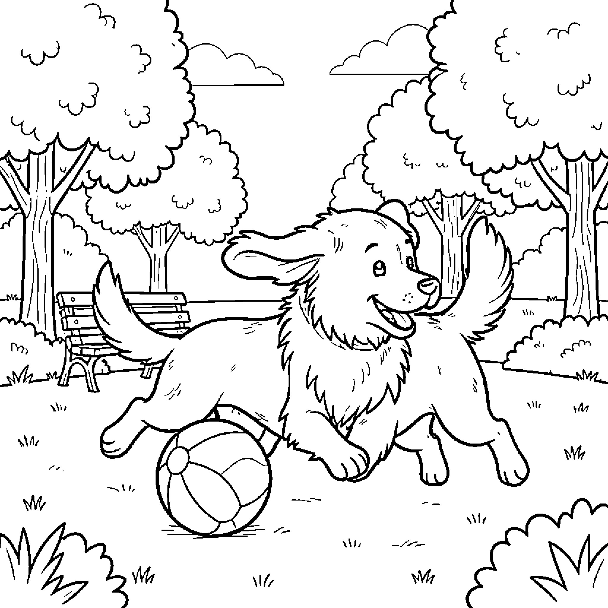 Dog playing joyfully with a ball in the park Coloring Page (free black-and-white line drawing printable PDF for all, from beginners to advanced learners, including children, teens, adults, and seniors)