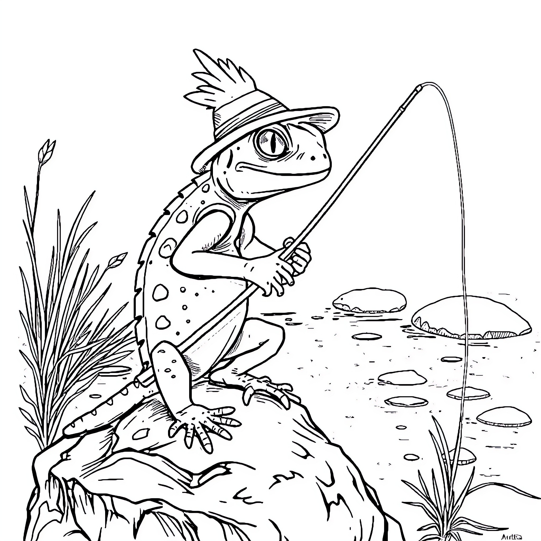 Crested Gecko fishing on a log Coloring Page (free black-and-white line drawing printable PDF for all, from beginners to advanced learners, including children, teens, adults, and seniors)