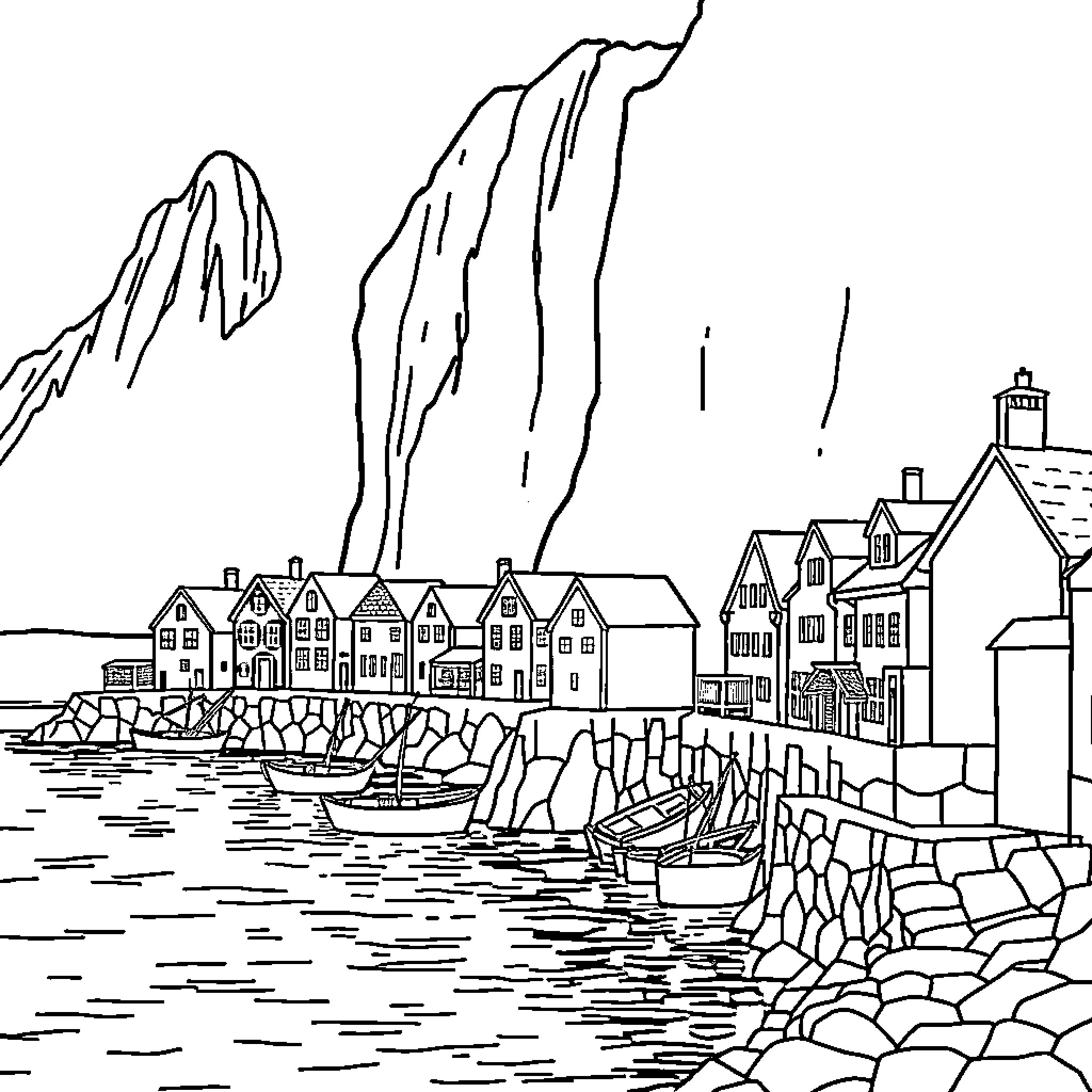 Queen's Village by the Seaside Coloring Page (free black-and-white line drawing printable PDF for all, from beginners to advanced learners, including children, teens, adults, and seniors)