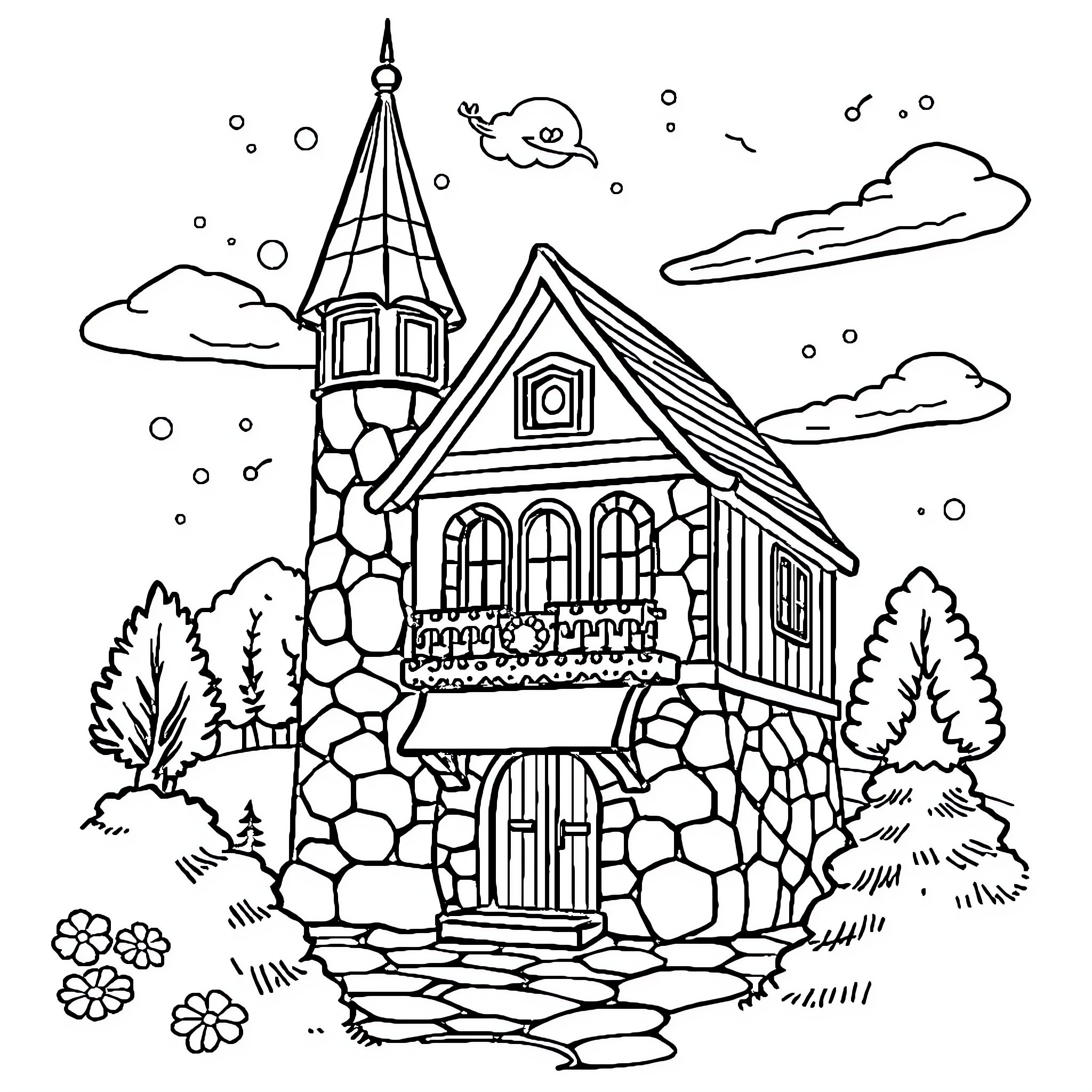 Fúzik's Whimsical Winter Cabin Coloring Page (free black-and-white line drawing printable PDF for all, from beginners to advanced learners, including children, teens, adults, and seniors)