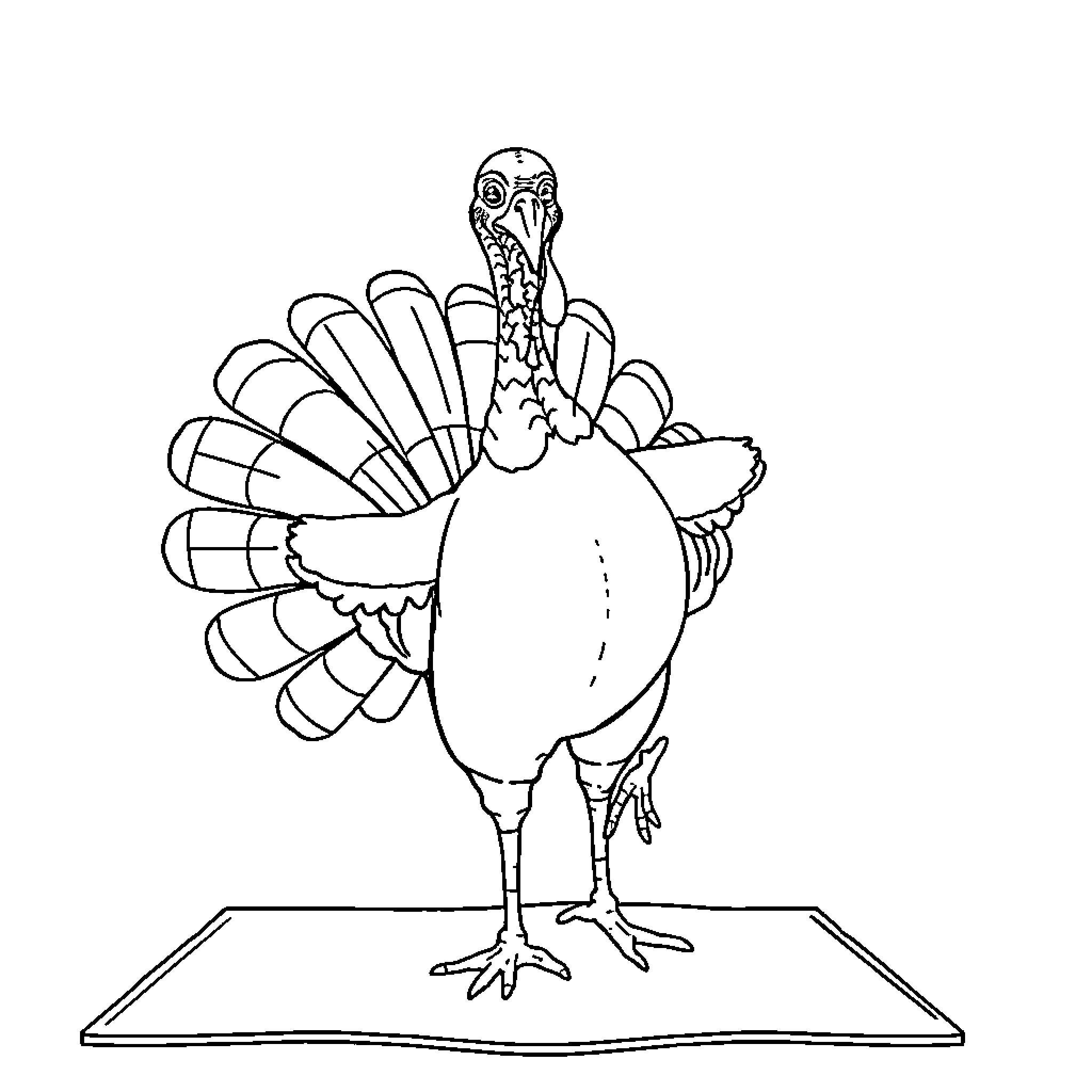 Turkey standing proudly on a platform Coloring Page (free black-and-white line drawing printable PDF for all, from beginners to advanced learners, including children, teens, adults, and seniors)