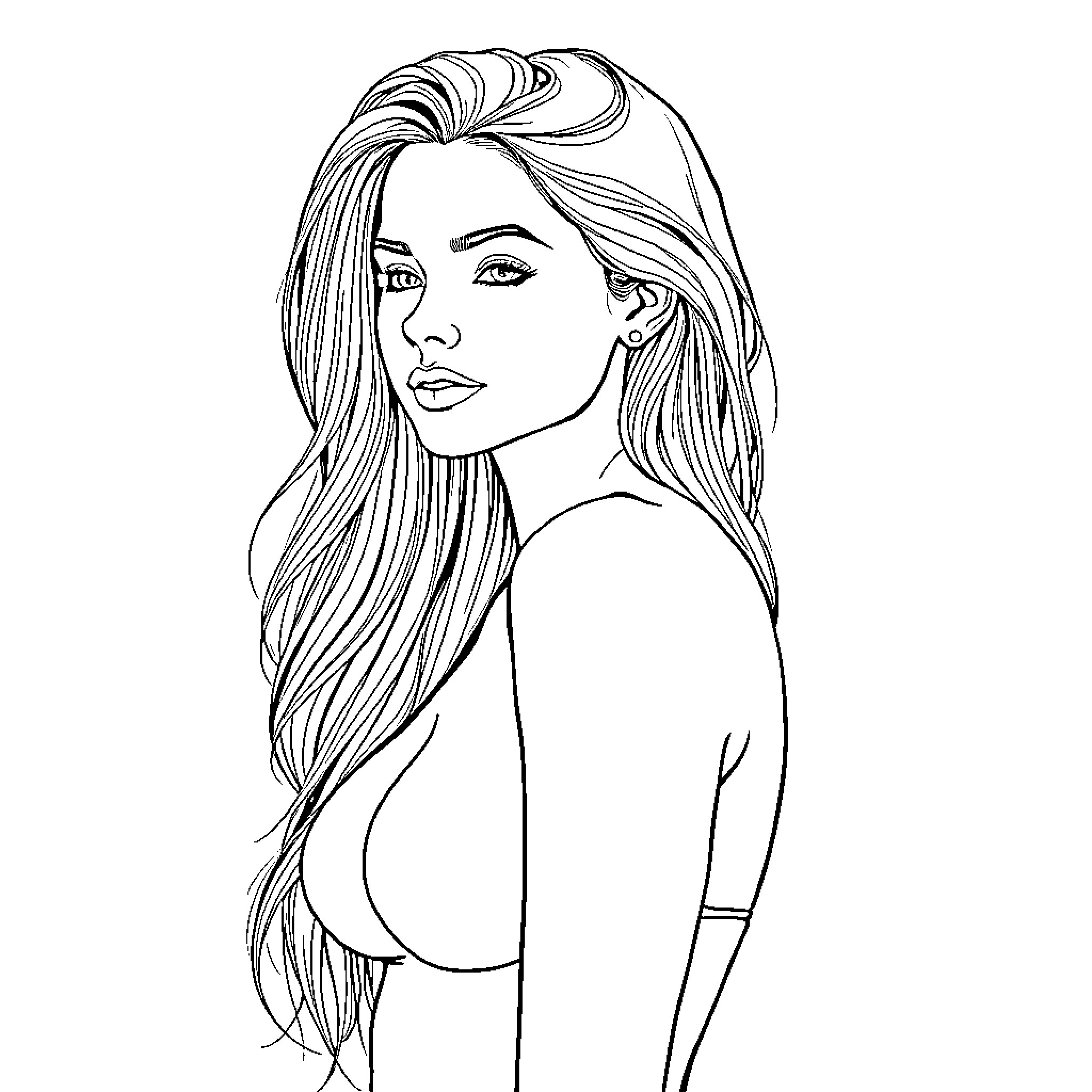 Woman with long, flowing hair Coloring Page (free black-and-white line drawing printable PDF for all, from beginners to advanced learners, including children, teens, adults, and seniors)
