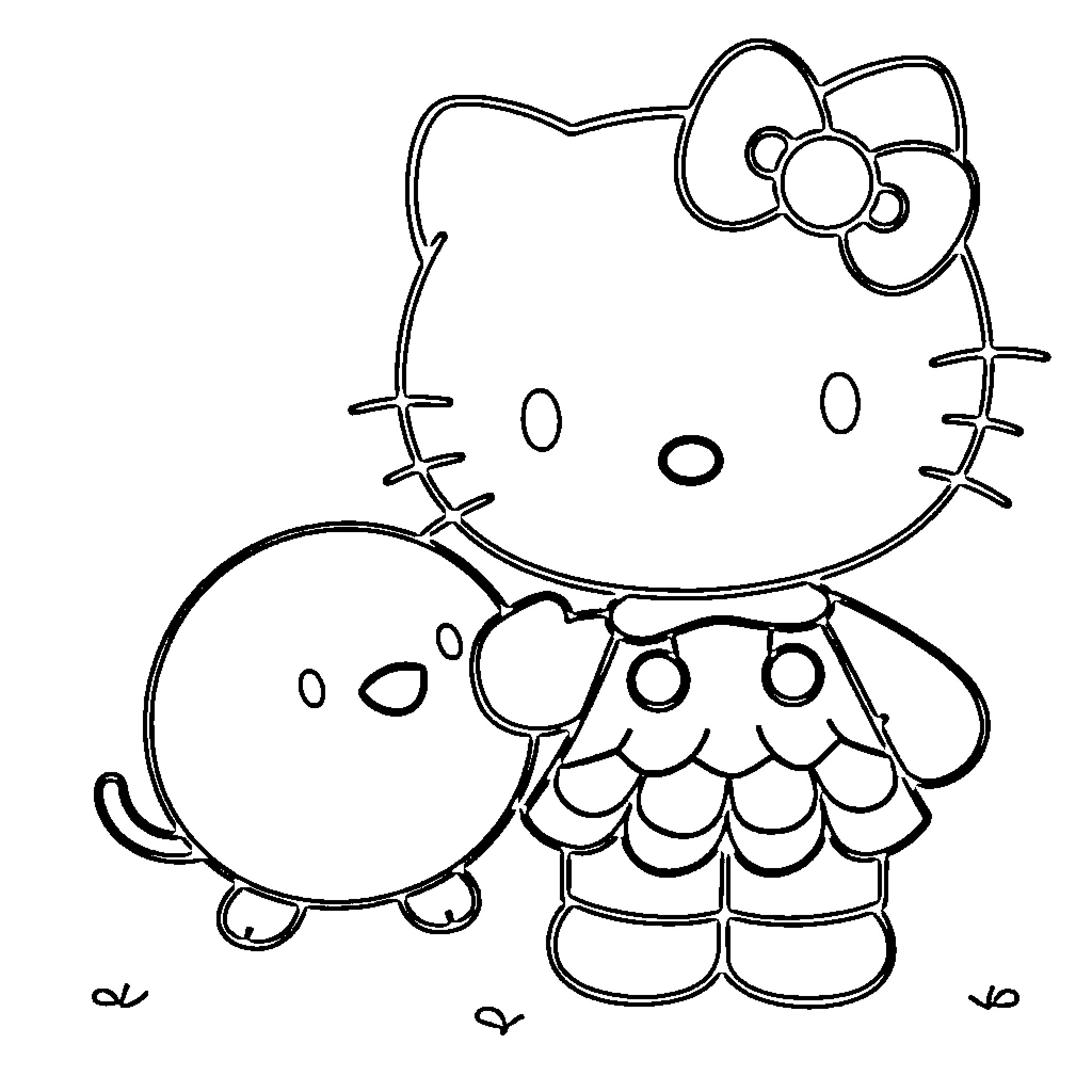 Hello Kitty playing with a ball Coloring Page (free black-and-white line drawing printable PDF for all, from beginners to advanced learners, including children, teens, adults, and seniors)