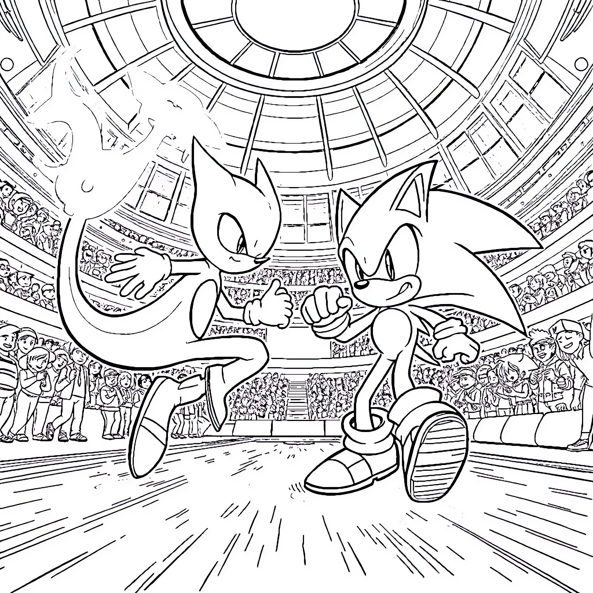 Mewtwo's Battle with Sonic the Hedgehog in a Futuristic Arena Coloring Page (free black-and-white line drawing printable PDF for all, from beginners to advanced learners, including children, teens, adults, and seniors)
