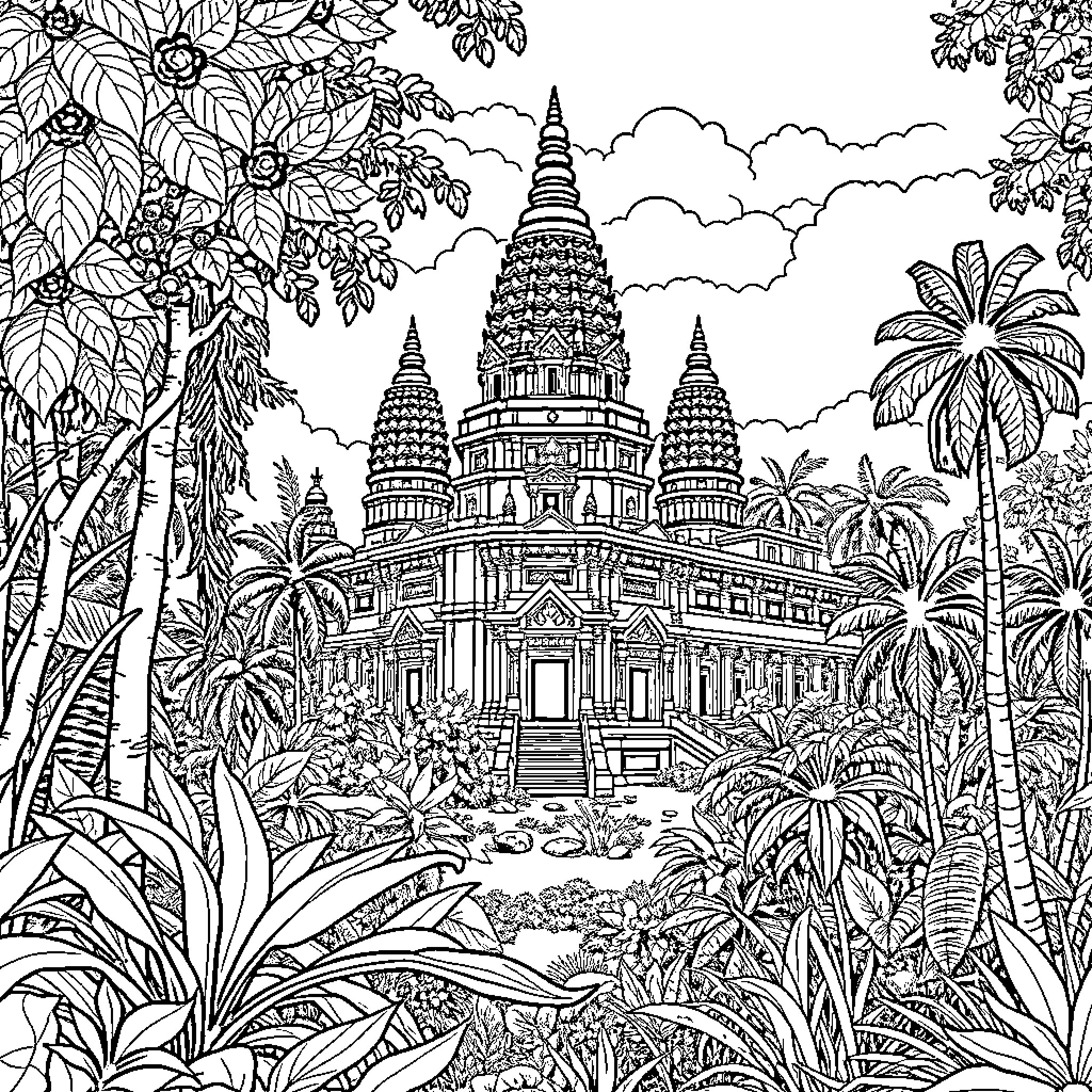 Temple in a lush tropical landscape Coloring Page (free black-and-white line drawing printable PDF for all, from beginners to advanced learners, including children, teens, adults, and seniors)