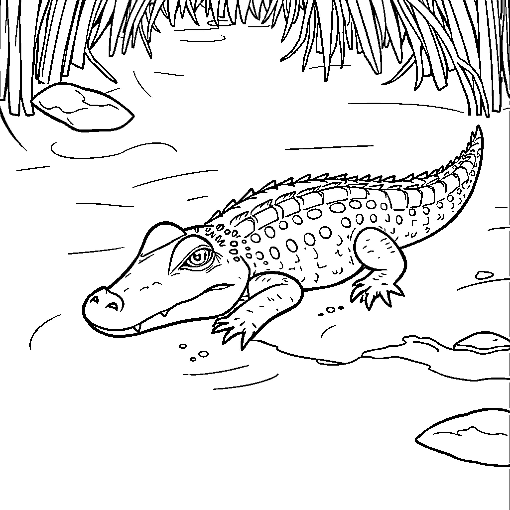 Crocodile swimming in the swamp Coloring Page (free black-and-white line drawing printable PDF for all, from beginners to advanced learners, including children, teens, adults, and seniors)