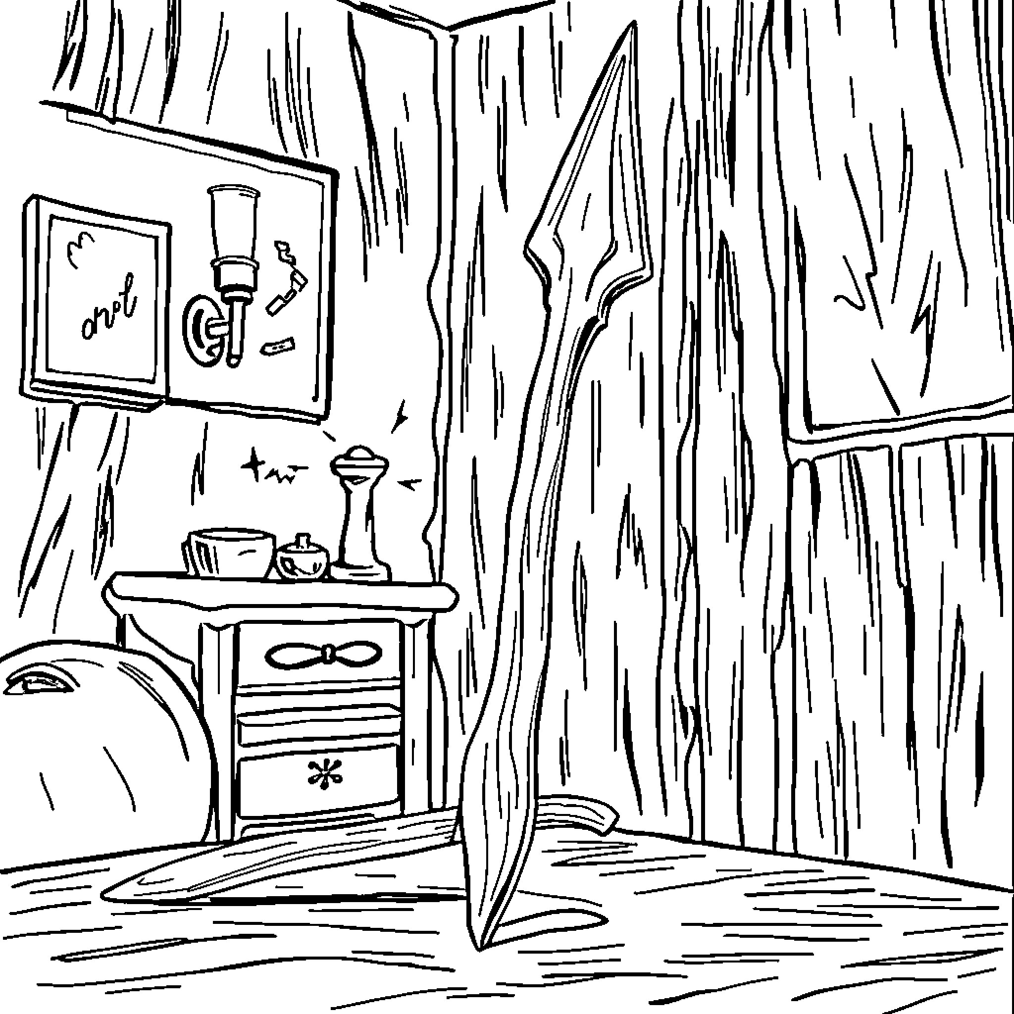 Mr. Pointy's Cozy Cabin Retreat Coloring Page (free black-and-white line drawing printable PDF for all, from beginners to advanced learners, including children, teens, adults, and seniors)