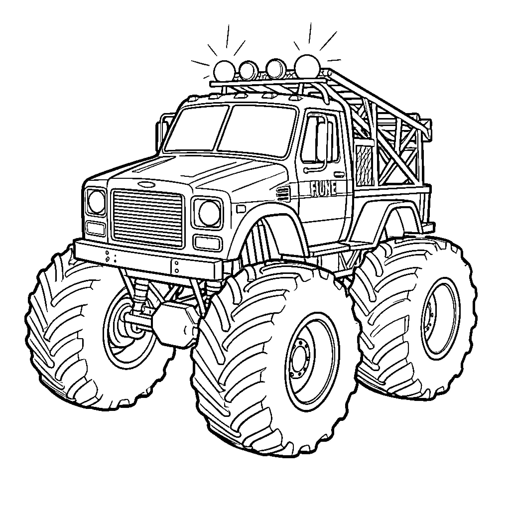 Monster Truck driving with large rugged tires Coloring Page (free black-and-white line drawing printable PDF for all, from beginners to advanced learners, including children, teens, adults, and seniors)
