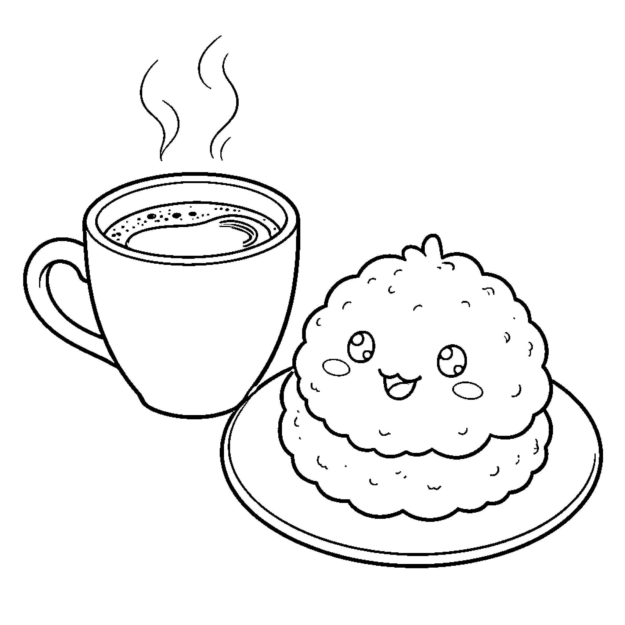 Coffee and a Smiling Pastry Coloring Page (free black-and-white line drawing printable PDF for all, from beginners to advanced learners, including children, teens, adults, and seniors)