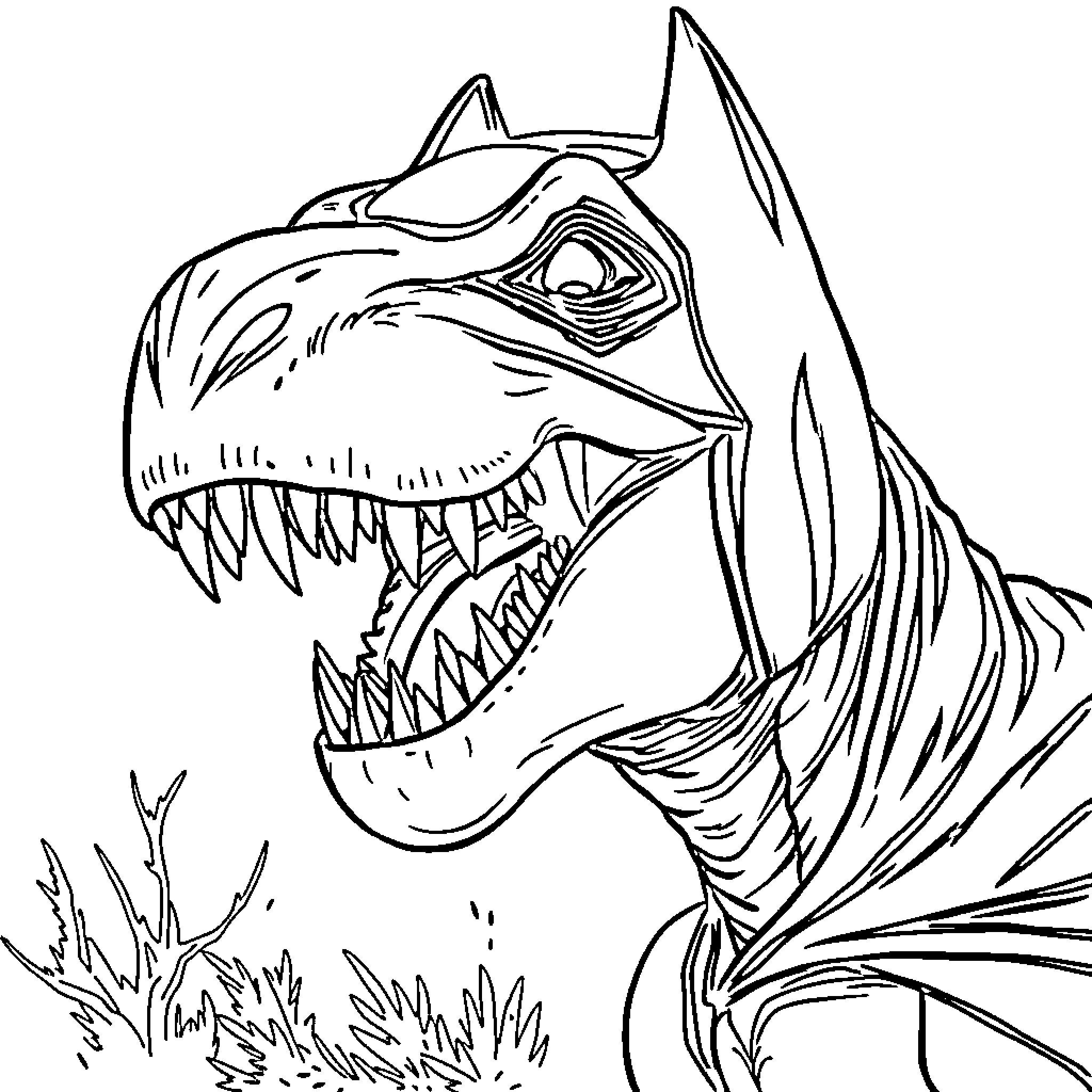 Dinosaur with fierce expression in the wilderness Coloring Page (free black-and-white line drawing printable PDF for all, from beginners to advanced learners, including children, teens, adults, and seniors)