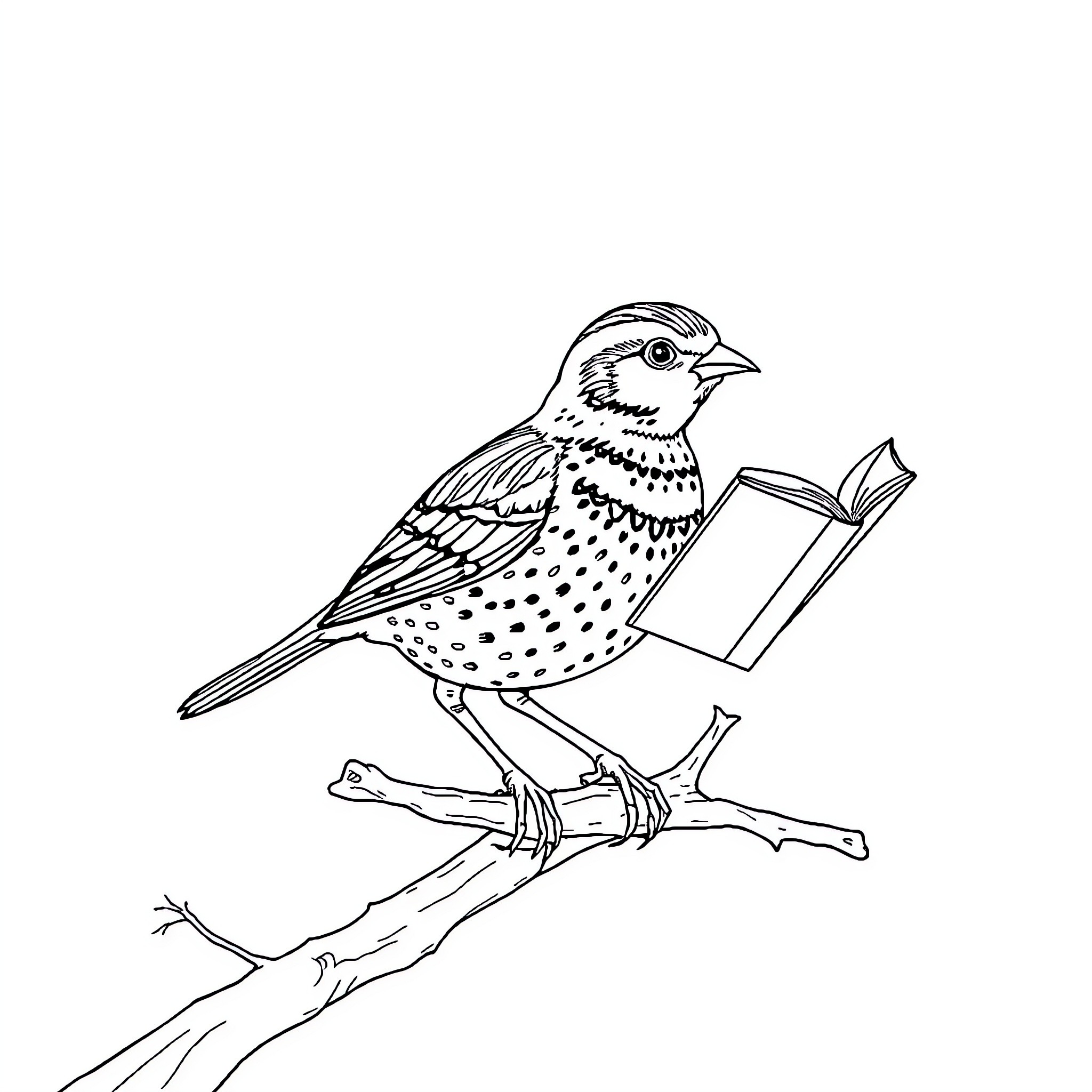 Quail reading a book on a branch Coloring Page (free black-and-white line drawing printable PDF for all, from beginners to advanced learners, including children, teens, adults, and seniors)