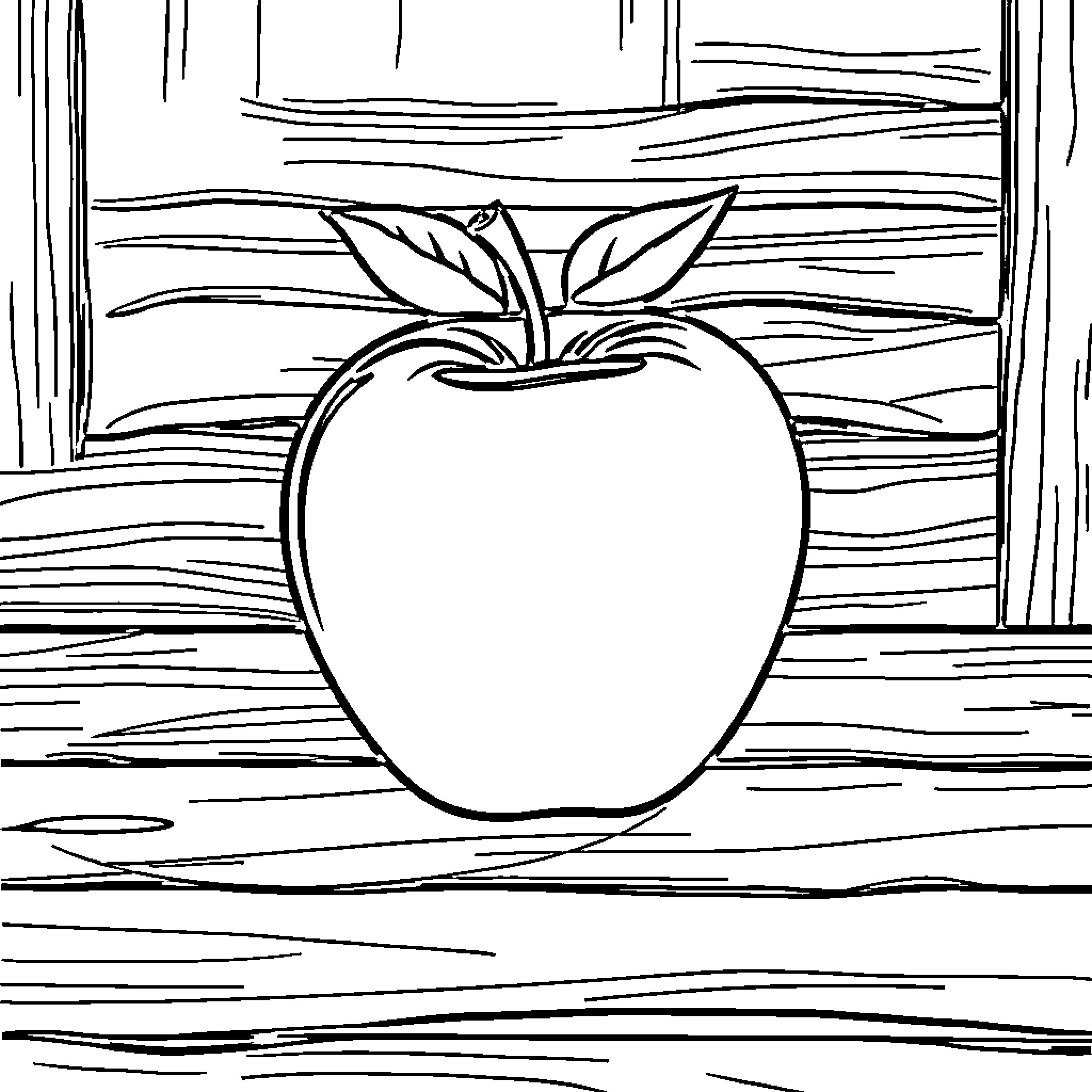 Apple on Wooden Backdrop Coloring Page (free black-and-white line drawing printable PDF for all, from beginners to advanced learners, including children, teens, adults, and seniors)