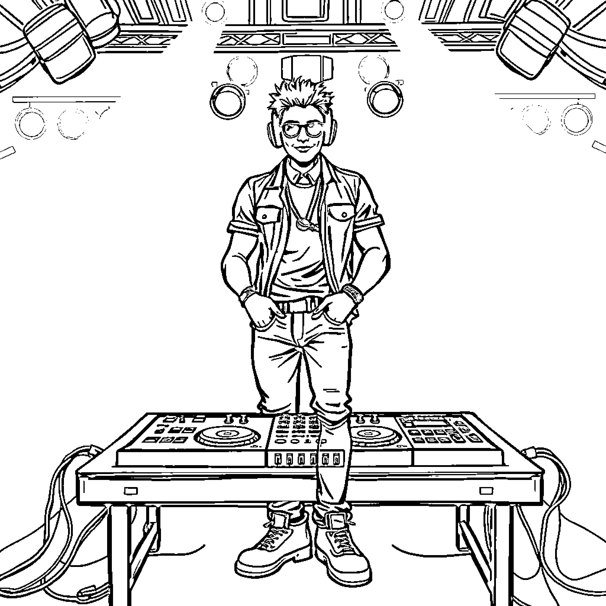 Music Artist Performing on Stage with Turntables Coloring Page (free black-and-white line drawing printable PDF for all, from beginners to advanced learners, including children, teens, adults, and seniors)